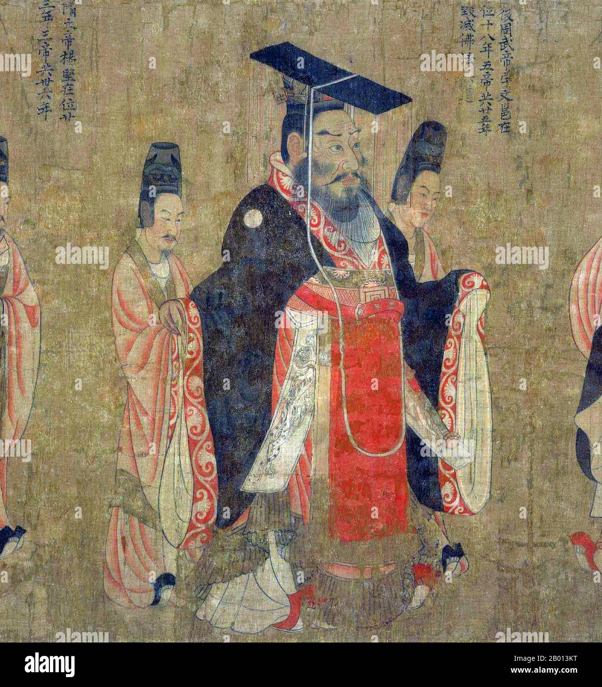 China: Kaiser Wu von Nord-Zhou (543–578). Handscroll-Gemälde aus der „Schriftrolle der dreizehn Kaiser“ des Hofmalers Yan Liben aus der Tang-Dynastie (600-673), 7. Jahrhundert. Kaiser Wu von Nord-Zhou, persönlicher Name Yuwen Yong und Spitzname Miluotu, war ein Kaiser der Nord-Zhou-Dynastie. Wie bei den Regierungszeiten seiner Brüder Kaiser Xiaomin und Kaiser Ming wurde der frühe Teil seiner Regierungszeit von seinem Cousin Yuwen Hu dominiert, aber 572 überfiel er Yuwen Hu und ergriff persönlich die Macht. Danach regierte er gekonnt und baute die Macht seines Militärs auf, indem er 577 den Rivalen Nord-Qi annektierte. Stockfoto