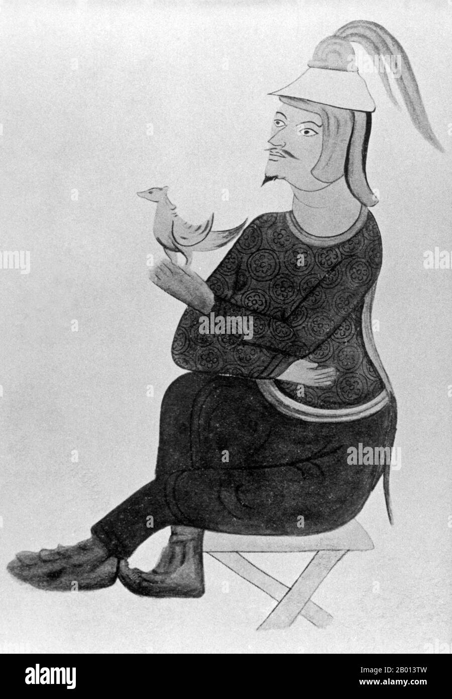 Burma/Myanmar: Wandbild eines muslimischen Falkens in der mongolischen Armee, Kyanzittha-Tempel, Bagan, Oberburma, 13. Jahrhundert. Nach der Eroberung Chinas drang Kublai Khan, der Gründer der Yuan-Dynastie und der fünfte Khagan (großer Khan) des mongolischen Reiches, 1277, 1283 und 1287 in das heidnische Königreich Burma ein. Bagan, früher Pagan, wurde hauptsächlich zwischen dem 11. Und 13. Jahrhundert erbaut. Offiziell Arimaddanapura oder Arimaddana (die Stadt des feindlichen Kreuzritterers) und auch als Tambadipa (das Land des Kupfers) oder Tassadessa (das vertrocknende Land) bekannt, war es die Hauptstadt mehrerer alter Königreiche. Stockfoto