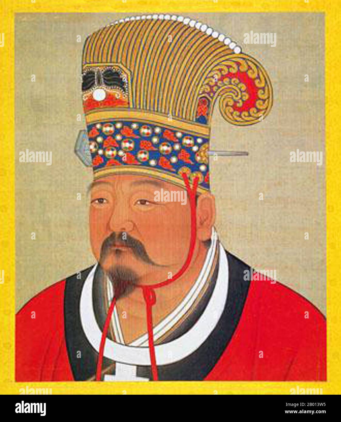 China: Kaiser Xuanzu (Zhao Hongyi, 899-956), Vater der ersten beiden Song-Kaiser Taizu und Taizong, wurde posthum als Gründungsvater der Song-Dynastie geehrt. Hängende Schriftrolle, Song-Dynastie (960-1279). Zhao Hongyi (899-956), posthum als Kaiser Xuanzu geehrt, war der Vater der Song-Kaiser Taizu (r. 960-976) und Taizong (976-997). Er war während der fünf Dynastien und zehn Königreiche Militärgeneral und diente unter Kaiser Zhuangzong von später Tang. Er soll ein erfahrener Pferdeschütze sein. Stockfoto