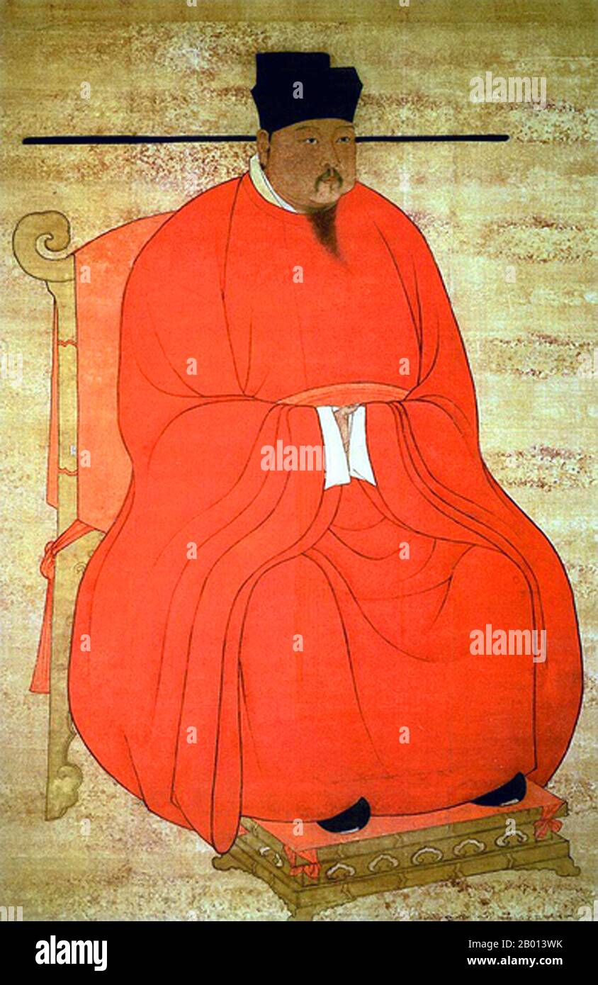 China: Kaiser Zhengzong (Zhao Heng, 23. Dezember 968 - 23. März 1022), 3. Herrscher der (nördlichen) Song Dynastie (r. 997-1022). Hängende Schriftrolle Malerei, c. 997-1022. Zhenzong von Song, persönlicher Name Zhao Heng und früher bekannt als Zhao Dechang, Zhao Yuanxiu und Zhao Yuankan, war der dritte Kaiser der Song Dynastie. Seine Herrschaft war bekannt für die Konsolidierung der Macht und die Stärkung der Dynastie. Das Land florierte, und seine militärische Macht wurde weiter gestärkt. Stockfoto