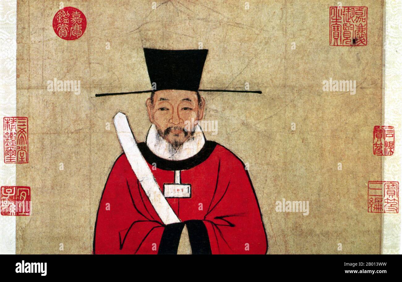 China: Sima Guang (17. November 1019 - 11. Oktober 1086), chinesische Historikerin, Gelehrte und hohe Kanzlerin der Song Dynastie. Handscroll Malerei, c. 1019-1086. Sima Guang wurde im heutigen Yuncheng, Shanxi, als Sohn einer wohlhabenden Familie geboren und erlangte frühe Erfolge als Gelehrter und Offizier. Als er gerade zwanzig war, bestand er die kaiserliche Prüfung mit dem höchsten Rang von jinshi und verbrachte die nächsten Jahre in offiziellen Positionen. Im Jahr 1064 überreichte Sima Kaiser Yingzong ein fünfbändige Buch, die Liniantu oder „Karte der aufeinanderfolgenden Jahre“, die die chinesische Geschichte von 403 v. Chr. bis 959 n. Chr. aufzeichnet. Stockfoto