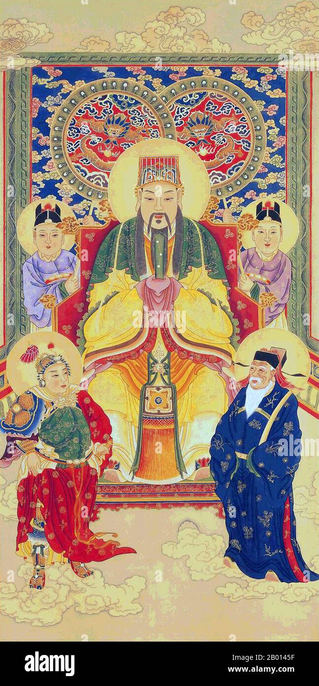 China: Yuhuang Dadi, der 'Jade-Kaiser', höchste Gottheit des Daoismus. Hängende Schriftrolle Malerei, c. 20. Jahrhundert. Der Jade-Kaiser ist der daoistische Herrscher des Himmels und aller Bereiche der Existenz darunter, einschließlich des Menschen und der Hölle, nach der daoistischen Mythologie. Er ist einer der wichtigsten Götter des chinesischen traditionellen Religions-Pantheons. Nach daoistischem Glauben regiert der Jade-Kaiser das ganze Reich der Menschen und darunter, aber er steht unter den drei Reinen. Stockfoto