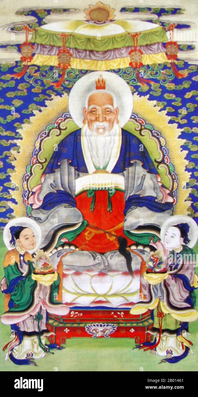China: „der schwarze Kaiser der Transzendenz und fünf Qi im Norden“ des daoistischen Pantheons. Hängende Schriftrolle Malerei, 20. Jahrhundert. Heidi oder Heischen, auch bekannt als Beidi oder Beiyuedadi, war die Schwarze Gottheit/der Kaiser und eine der fünffachen Manifestationen ('Wufang Shangdi') des höchsten Gottes des Himmels, Tian. Als er sterblich war, war er als Zhuanxu bekannt, ein mythologischer Kaiser, und er wird heutzutage auch als Xuanwu verehrt. Er ist der gott des Wassers und des Winters. Die fünf Kaiser der Cardinal Directions und des Zentrums sind Unmantals des daoistischen Pantheons. Stockfoto