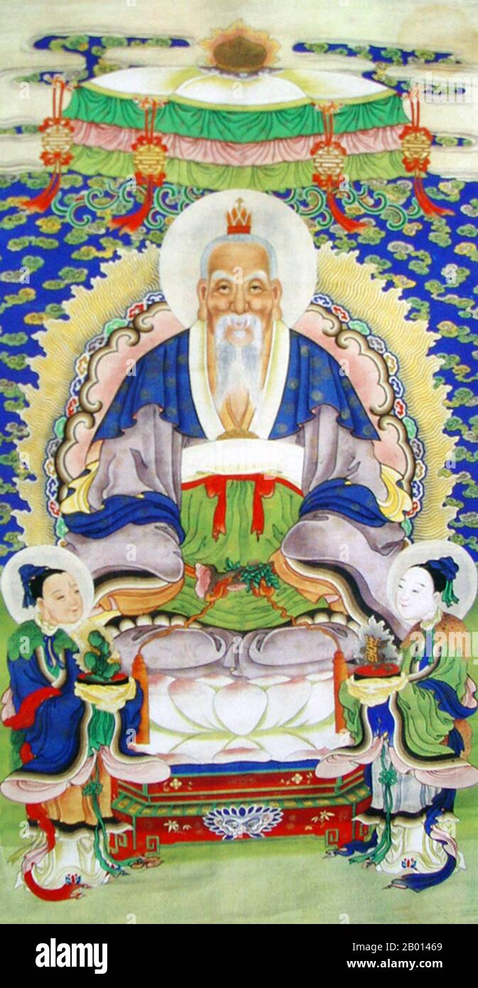 China: „der weiße Kaiser der Souveränität und der sieben Qi im Westen“ des daoistischen Pantheons. Hängende Schriftrolle Malerei, 20. Jahrhundert. Baidi oder Baishen, auch bekannt als Xidi oder Xiyuedadi, war die Weiße Gottheit/Kaiser und eine der fünffachen Manifestationen ('Wufang Shangdi') des höchsten Gottes des Himmels, Tian. Als er sterblich war, war er als Shaohao bekannt, ein alter chinesischer Herrscher und Sohn des Gelben Imperators. Er ist der gott des Metalls und des Herbstes. Die fünf Kaiser der Cardinal Directions und des Zentrums sind Unmantals des daoistischen Pantheons. Stockfoto