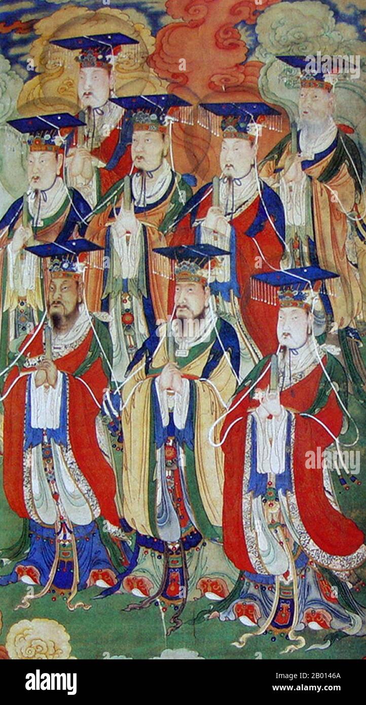 China: Die acht Himmlischen Kaiser im Osten, aus dem daoistischen Pantheon. Wandgemälde, 19. Jahrhundert. Stockfoto