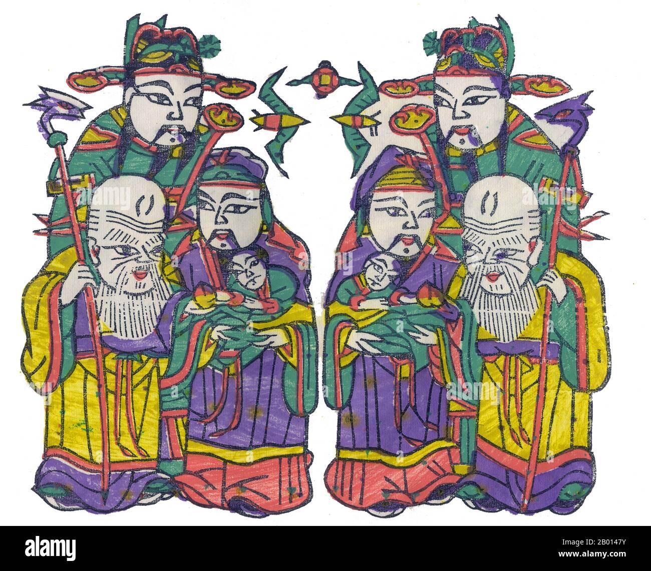 China: Die taoistischen Götter des guten Glücks (Fu), des Wohlstands (Lu) und der Langlebigkeit (Shou), zusammengefasst als Fulushou oder die Sanxing bezeichnet. Holzschnitt Malerei, c. 20. Jahrhundert. Der Begriff Fu Lu Shou oder Fulushou bezieht sich zusammen auf das Konzept von Glück (Fu), Wohlstand (Lu) und Langlebigkeit (Shou). Dieses taoistische Konzept geht auf die Ming-Dynastie zurück, als der Fu-Stern, der Lu-Stern und der Shou-Stern als personifizierte Gottheiten dieser Attribute angesehen wurden. Der Begriff wird in der chinesischen Kultur häufig verwendet, um die drei Attribute eines guten Lebens zu bezeichnen. Stockfoto