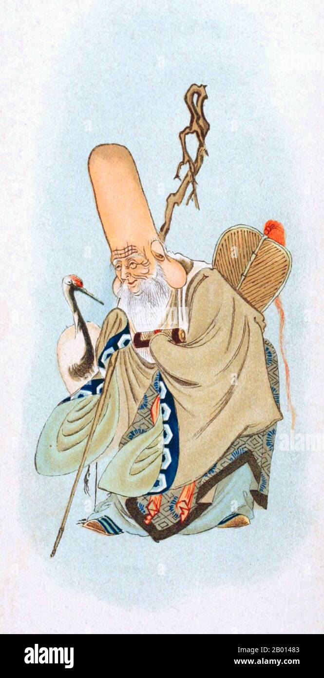 Japan: Fukurokuju, der Gott des Glücks, des Reichtums und der Langlebigkeit. Malen, 1902. Fukurokuju (aus japanischem Fuku, „Glück“, roku, „Reichtum“ und ju, „Langlebigkeit“) ist einer der sieben glücklichen Götter im japanischen Mythos. Es wurde vermutet, dass er ein Verbund der chinesischen drei-Sterne-Götter (Fu, Lu und Shou) ist, verkörpert in einer Gottheit. Er ist in seiner Erscheinung dem Shou am nächsten, der Gott der Weisheit und der Langlebigkeit. Bevor er die Göttlichkeit erlangt hatte, glaubte man, dass er ein chinesischer Einsiedler der Song-Dynastie und eine Reinkarnation des taoistischen gottes Xuanwu war. Er war ein Sennin, ein Unsterblicher, der ohne Essen existieren konnte. Stockfoto