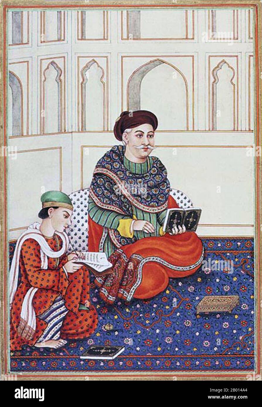 Indien: 'Ein Adliger von Khattri'. Miniaturbild von 'Kitab-i Tasrih Al-Aqvam (Geschichte des Ursprungs und Unterscheidungsmerkmale der verschiedenen Kasten Indiens' von Colonel James Skinner/Sikandar Sahib (1778-1841), Anfang des 19. Jahrhunderts. Die Khatri ist eine Kaste, die vor allem in der Punjab-Region Nordindiens und Pakistans gefunden wird. Katris war in der Vergangenheit Buchhalter, Banker, Beamte, Kaufleute, Schreiber, Händler und Lehrer. Sie sind ein integraler Bestandteil der alten Kshatriya-Kaste, an zweiter Stelle nur Brahmanen in der sozialen Hierarchie. Stockfoto