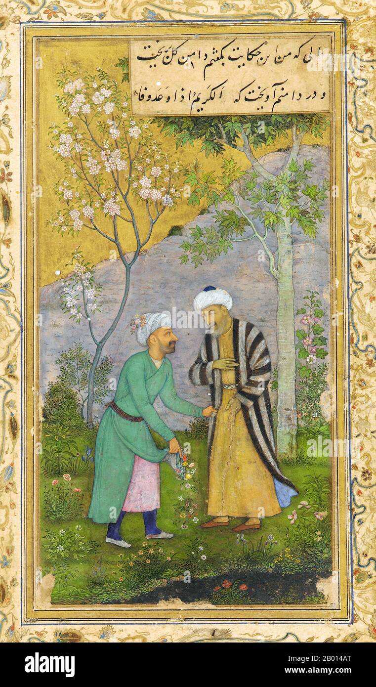 Indien: „SA'di in a Rose Garden“. Aquarell von Govardhan (fl. 1640s), aus einem Manuskript des 'Gulistan (Rosengarten)' von Sa'di, c. 1645. Abu-Muhammad Muslih al-DIN bin Abdalah Shirazi (1184 – 1283/1291), besser bekannt unter seinem Pseudonym Sa'di oder einfach Saadi, war einer der großen persischen Dichter des Mittelalters. Er wird immer noch häufig zitiert und von iranischen Schulkindern rezitiert und ist nicht nur für die Qualität seines Schreibens, sondern auch für die Tiefe seiner sozialen Gedanken anerkannt. Stockfoto
