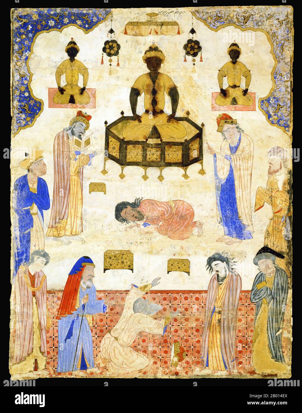 Iran: 'Götzenanbeter vor einem Idol'. Miniatur aus Jafar al-Sadiq's Fal-nama, c. 1550. Ein Fal-nama ist ein Buch der Weissagung, das nach dem Zufallsprinzip konsultiert werden kann. Jedem Bild gegenüber ist ein erklärender Text. Dieser Text sagt uns, dass die Szene im 'Azure-Kloster' inszeniert wird - Ort unbekannt. Die mit der Miniatur verbundenen Omen sind höchst ungünstig. Um 1550 entwickelte der regierende Schah Tahmasp eine islamische Abneigung gegen figurative Malerei, und es ist wahrscheinlich, dass dieses Manuskript das letzte war, das im Atelier des schahs angefertigt wurde. Stockfoto