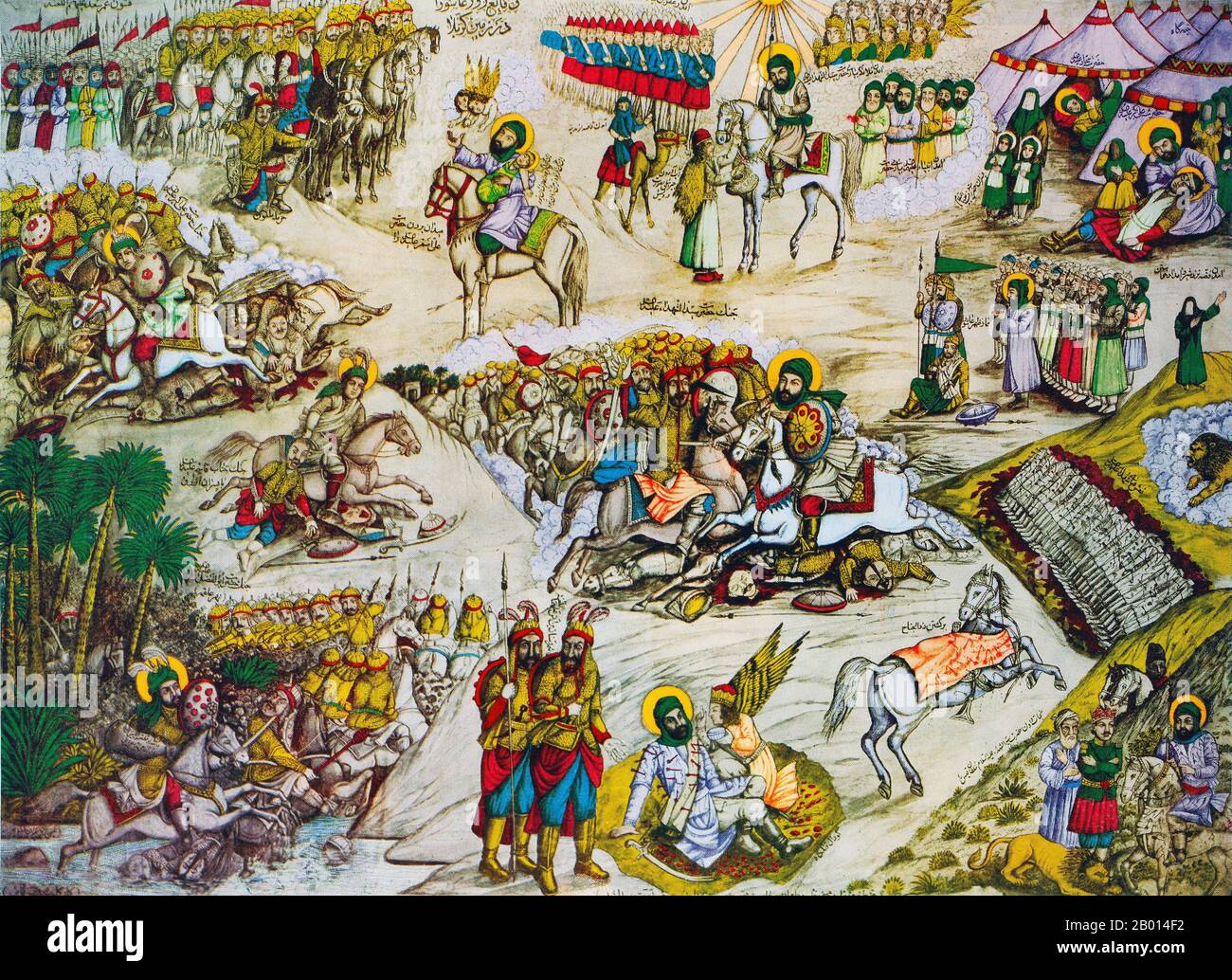 Irak: Moderne (20. Jahrhundert) Darstellung der Schlacht von Karbala, von zentraler Bedeutung für den schiitischen Islam, die 680 ausgetragen wurde. In der Schlacht von Karbala wurden die Anhänger von Ali, angeführt vom Enkel des Propheten Muhammad Husain, von den Truppen des umayyadischen Kalifen Yazid besiegt. Das Ereignis, das oft in populären Grafiken dargestellt wird, wird von den Schiiten verwendet, um die Rolle des Märtyrers zu erinnern, die sie im Laufe der Geschichte gespielt haben. Die gewöhnliche Chronologie wurde in diesem Druck aufgehoben. Mehrere Episoden aus der Schlacht werden gleichzeitig aufgeführt. Stockfoto