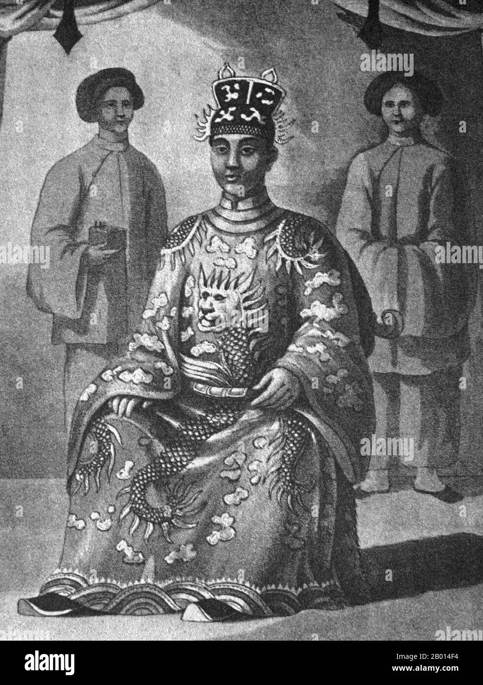 Vietnam: Kaiser Minh Mang (1791-1841), 2. Kaiser der Nguyen-Dynastie. Stich von John Crawfurd (1783-1868), 2. Januar 1828. Minh Mạng, geboren am Nguyen Phuc-Staudamm, war der zweite Kaiser der Nguyen-Dynastie von Vietnam und regierte vom 14. Februar 1820 bis zum 20. Januar 1841. Er war ein jüngerer Sohn von Kaiser Gia Long, dessen ältester Sohn, Kronprinz Canh, 1801 gestorben war. Minh Mang war ein Klassizist, galt als einer der gelehrtesten Monarchen Vietnams. Er war als Dichter bekannt und galt als Kaiser, der sich aufrichtig um sein Land kümmerte und seiner Herrschaft große Aufmerksamkeit schenkte. Stockfoto