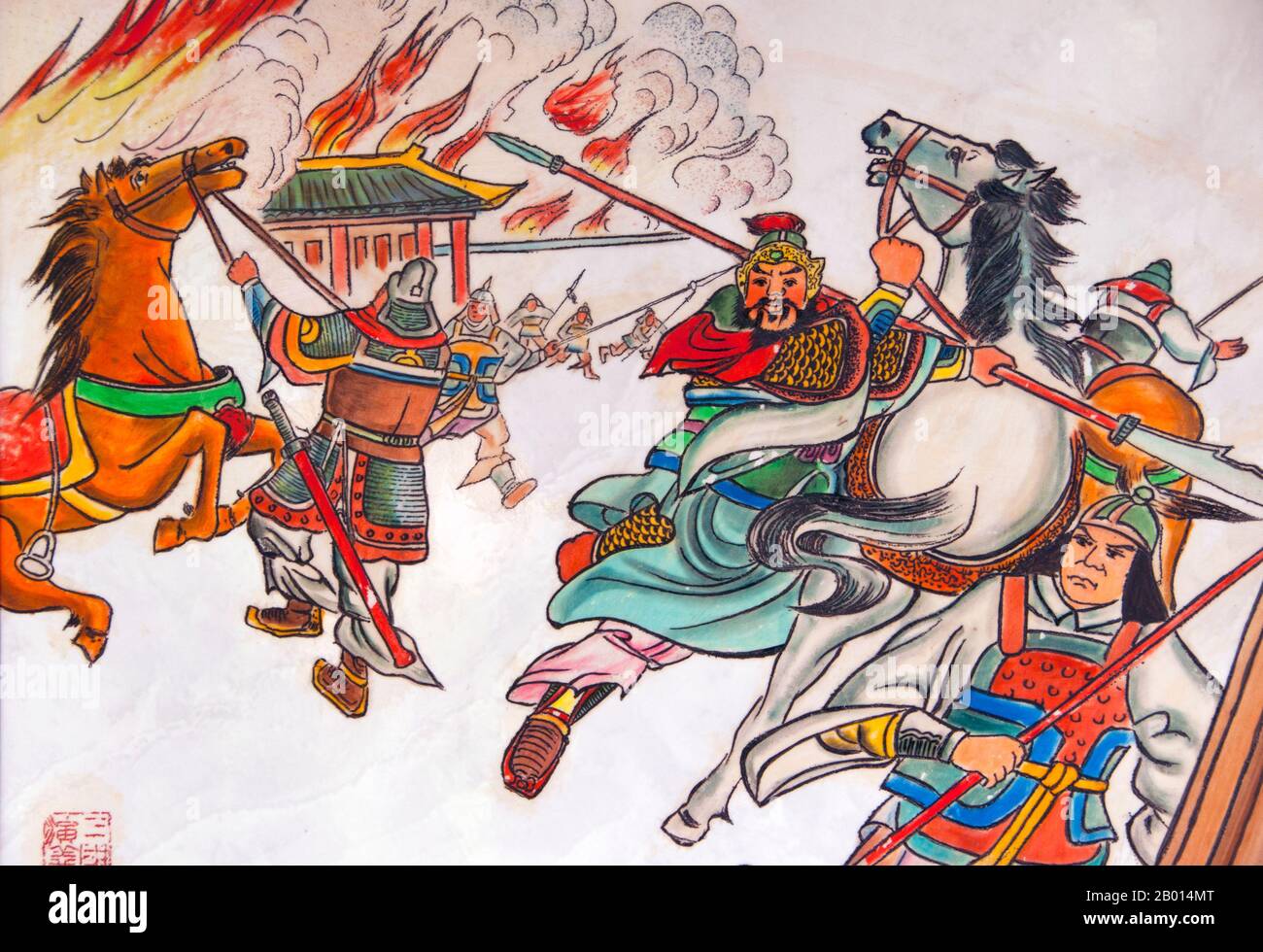 China: Szenen aus „die Romantik der drei Königreiche, Wuhou CI (Wuhou Ancestral oder Gedächtnishalle), Chengdu, Provinz Sichuan. Wuhou CI ist Zhuge Liang, dem Helden des Klassikers „die Romantik der drei Königreiche“, und seinem Kaiser Liu bei gewidmet. Zhuge Liang (181–234) war Kanzler von Shu Han während der Zeit der drei Königreiche der chinesischen Geschichte. Er wird oft als der größte und versierteste Stratege seiner Zeit anerkannt. Chengdu, früher bekannt als Chengtu, ist die Hauptstadt der Provinz Sichuan im Südwesten Chinas. Stockfoto