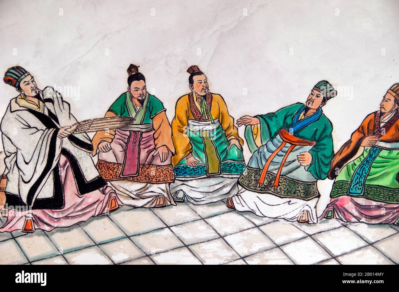 China: Szenen aus „die Romantik der drei Königreiche, Wuhou CI (Wuhou Ancestral oder Gedächtnishalle), Chengdu, Provinz Sichuan. Wuhou CI ist Zhuge Liang, dem Helden des Klassikers „die Romantik der drei Königreiche“, und seinem Kaiser Liu bei gewidmet. Zhuge Liang (181–234) war Kanzler von Shu Han während der Zeit der drei Königreiche der chinesischen Geschichte. Er wird oft als der größte und versierteste Stratege seiner Zeit anerkannt. Chengdu, früher bekannt als Chengtu, ist die Hauptstadt der Provinz Sichuan im Südwesten Chinas. Stockfoto