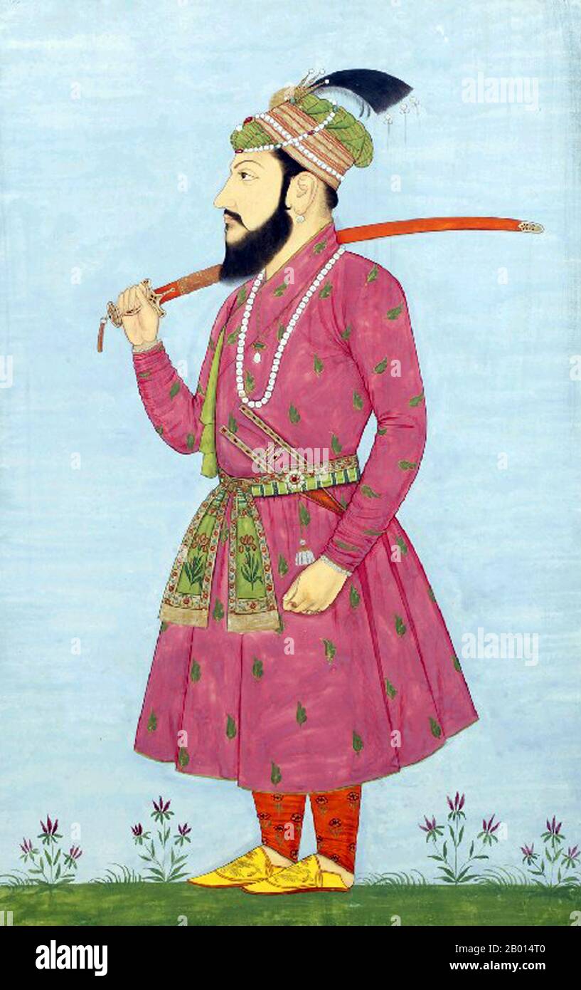 Indien: Miniaturbild von Shah Shuja (23. Juni 1616 – 1660), Gouache auf Papier, Golconda, Deccan, c. 1700. Shah Shuja war der zweite Sohn des Moghul-Imperators Shah Jahan und der Kaiserin Mumtaz Mahal. Kaiser Shah Jahan ernannte Shah Shuja 1639 zum Subahdar oder Gouverneur von Bengalen. Im Jahr 1642 wurde Shuja auch der Leiter der Provinz Orissa. Er regierte die Provinzen mehr als zwanzig Jahre lang, von 1639 bis 1660. Stockfoto