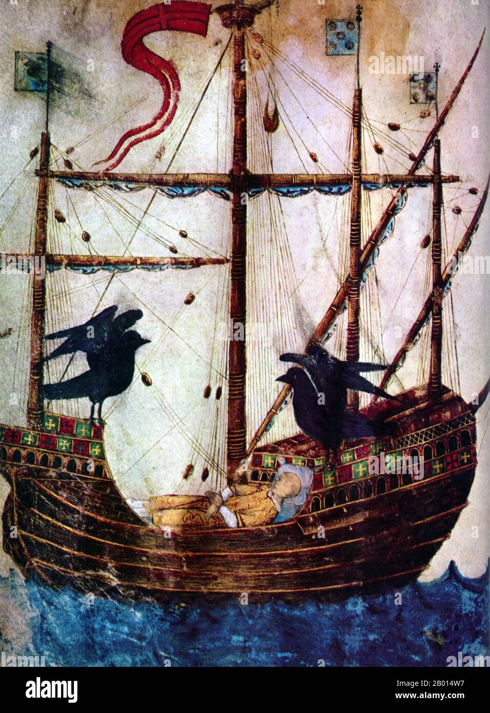 Spanien/Portugal: St. Vincent von Saragossa (- c. 304 CE), ein frühchristlicher Märtyrer, c. 10.-11. Jahrhundert. St. Vincent wurde in Huesca geboren, lebte aber in Zaragoza, Nordspanien. Vincent, der wegen seines Glaubens in Valencia inhaftiert und auf einem Gridiron gefoltert wurde, konvertierte seinen Gefängniswärter zum Christentum, bevor er unter dem Kaiser Diokletian in c. gemartert wurde 304. Es wird gesagt, dass Raben seinen Körper beschützten, als er zum heutigen Kap St. Vincent, dem südwestlichsten Punkt der Algarve in Portugal, verschifft wurde. Er ist heute der schutzpatron von Lissabon und der Winzer und Essigmacher. Stockfoto