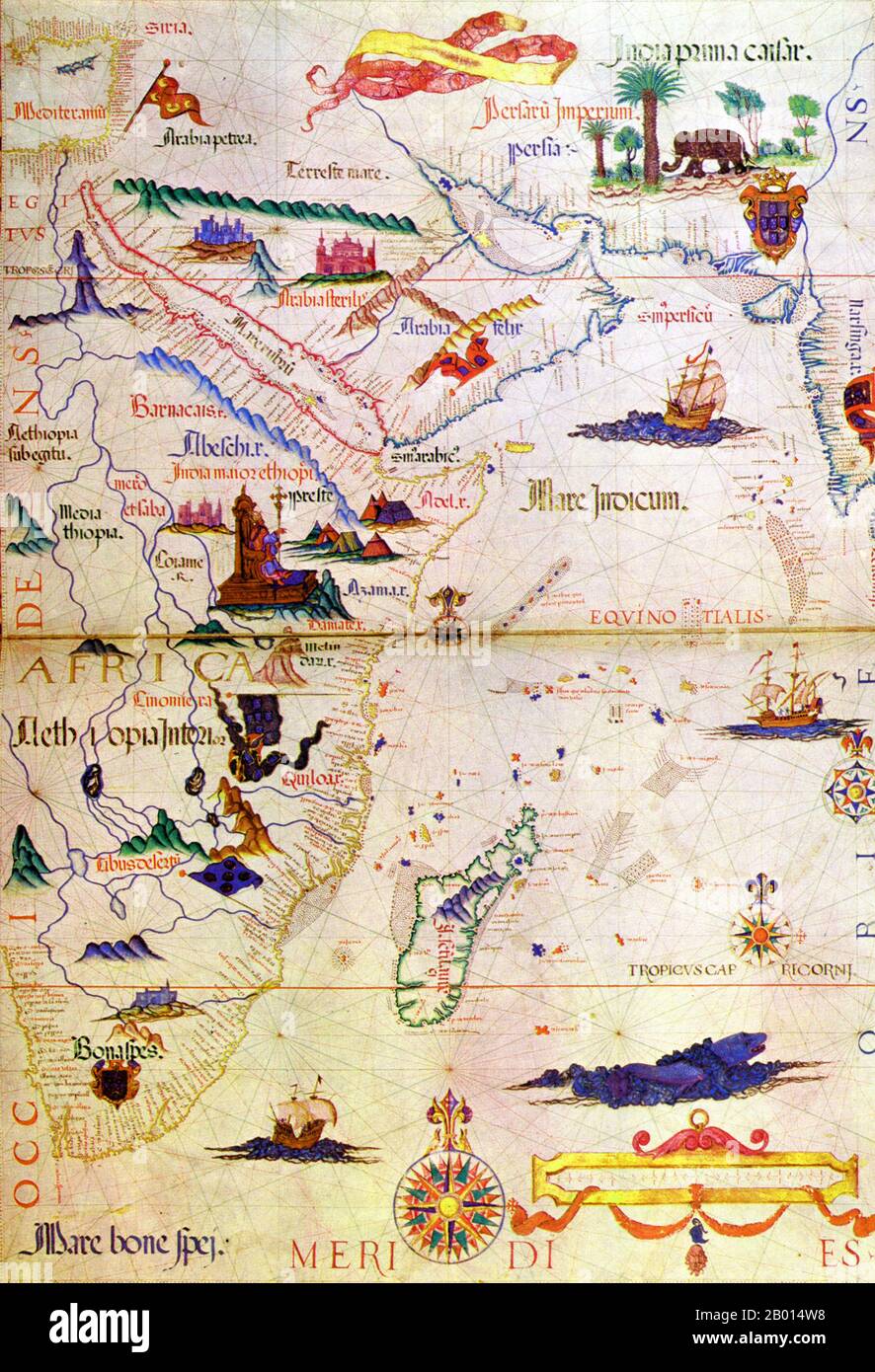 Ostafrika: Eine Karte der Ostküste Afrikas, die nach Vasco da Gamas Reise nach Indien im Jahr 1497-1498 von Diogo Homem (1521-1576), c.. 1558. Vasco da Gama (1460/1469. – 24. Dezember 1524) war ein portugiesischer Entdecker, einer der erfolgreichsten im Zeitalter der Entdeckung und Kommandant der ersten Schiffe, die direkt von Europa nach Indien segelten. Unter König Manuel I. entdeckte Portugal 1500 Brasilien. In der Zwischenzeit setzte da Gama am 8. Juli 1497 von Lissabon aus mit einer Flotte von vier Schiffen und 170 Mann in See. Er segelte um das Kap der Guten Hoffnung, bevor er schließlich am 20. Mai 1498 in Indien landete. Stockfoto
