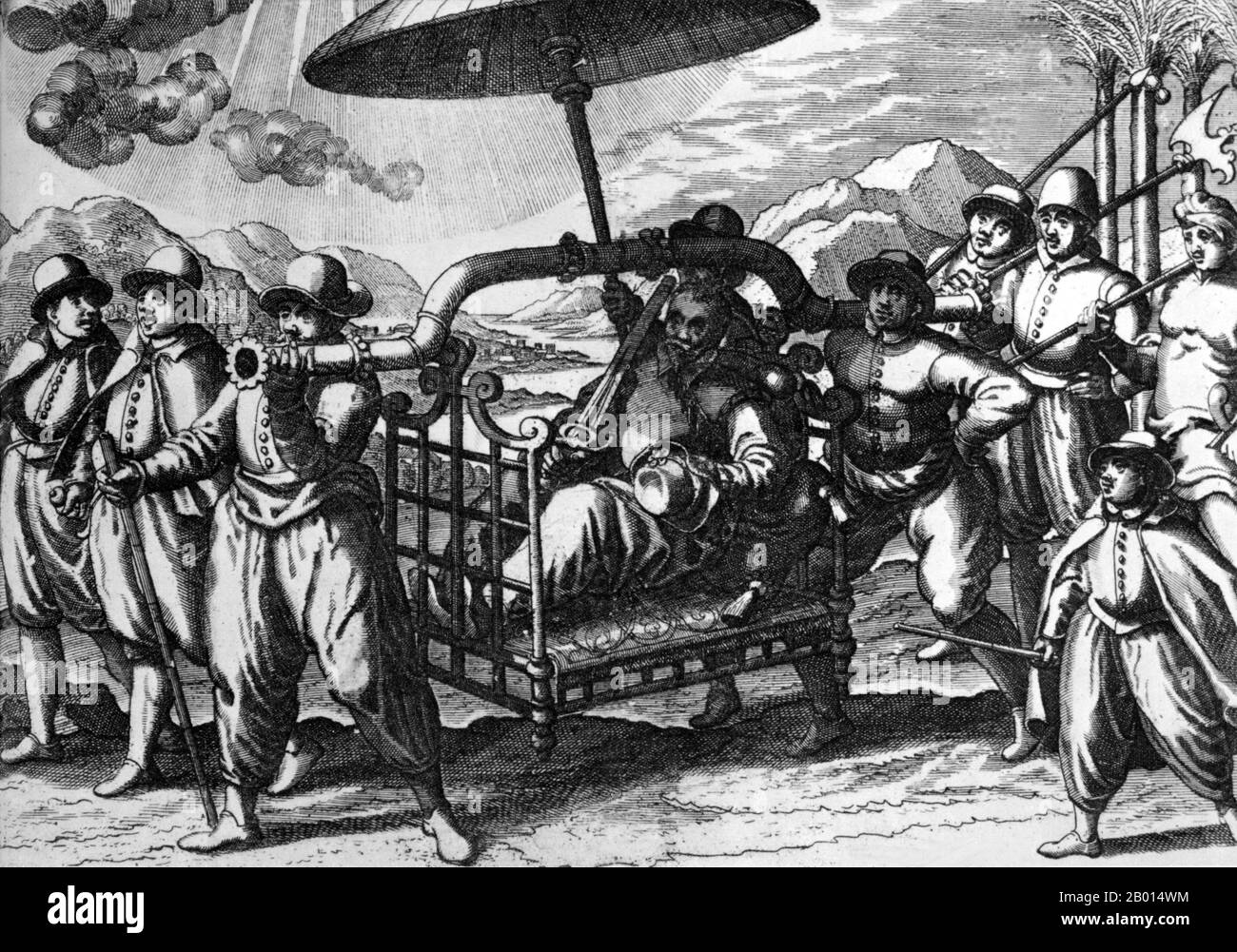 Indien/Portugal: Ein portugiesischer Kaufmann wird von seinen indischen Dienern auf einem Palanquin getragen. Stich von Joannes van Doetecum der Ältere (1530-1605), c.. 1596. Unter König Manuel I. haben die Portugiesen 1505, sechs Jahre nach der Entdeckung einer Seeroute nach Calicut im Südwesten Indiens durch Vasco da Gama, eine Regierung in Indien gegründet. Die Portugiesen hatten ihren Sitz ursprünglich in Kochi/Cochin, in Kerala, aber 1510 zogen sie nach Goa. Bis 1752 umfasste der ‘Staat Indien’ alle portugiesischen Besitzungen im Indischen Ozean, vom südlichen Afrika bis nach Südostasien, die entweder von einem Vizekönig oder Gouverneur regiert wurden. Stockfoto