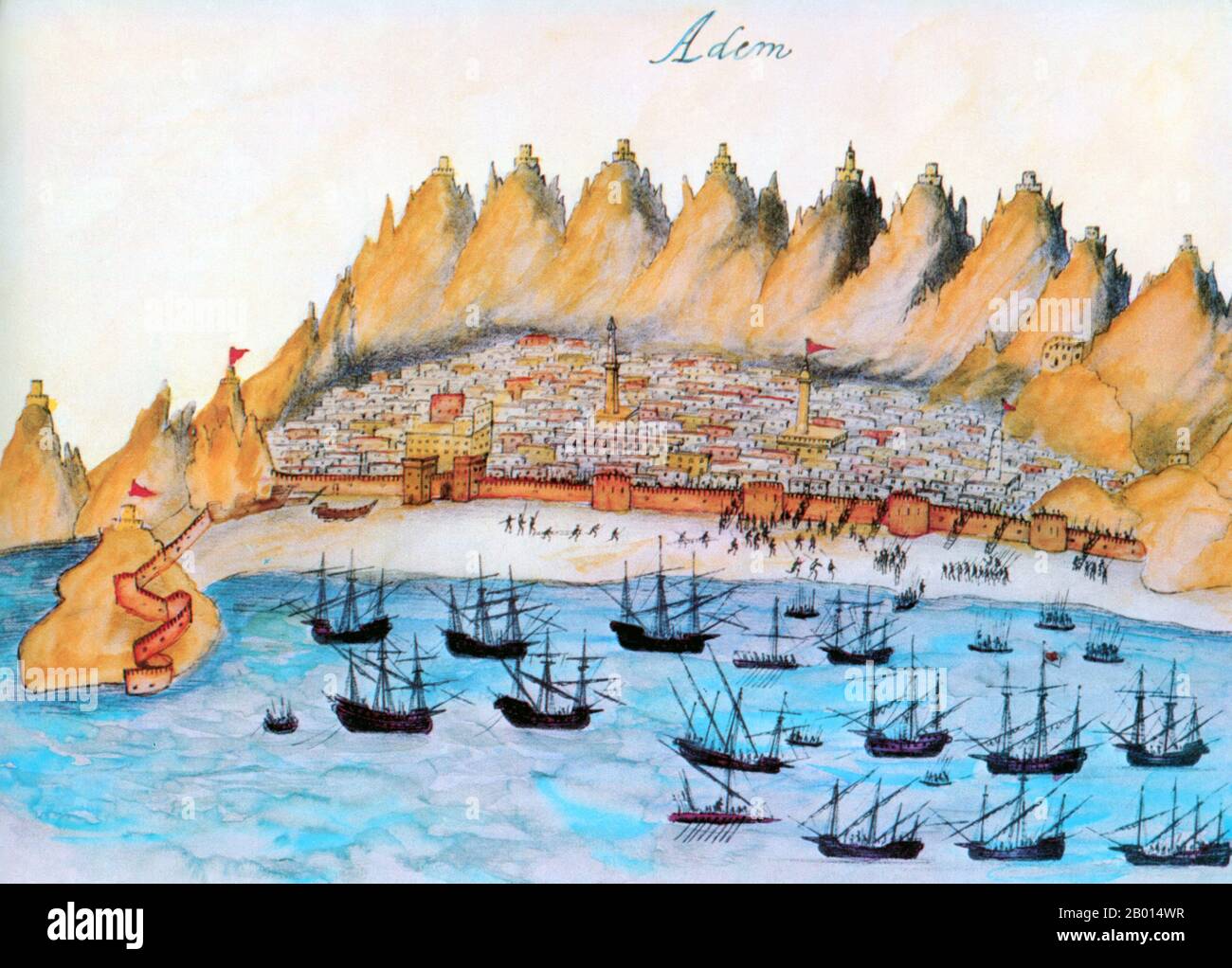 Jemen/Portugal: Im Februar 1513 greifen die Marinestreitkräfte von Albuquerque den arabischen Hafen Aden an. Farbige Holzschnitt-Illustration aus 'Lendas da India' (Legends of India) von Gaspa Correia (c. 1496-1563), 16. Jahrhundert. Afonso de Albuquerque (1453-1515) war ein portugiesischer Admiral, dessen militärische und administrative Errungenschaften als zweiter Gouverneur von Portugiesisch-Indien das portugiesische Kolonialreich im Indischen Ozean begründeten. Er gilt allgemein als militärisches Genie. Stockfoto