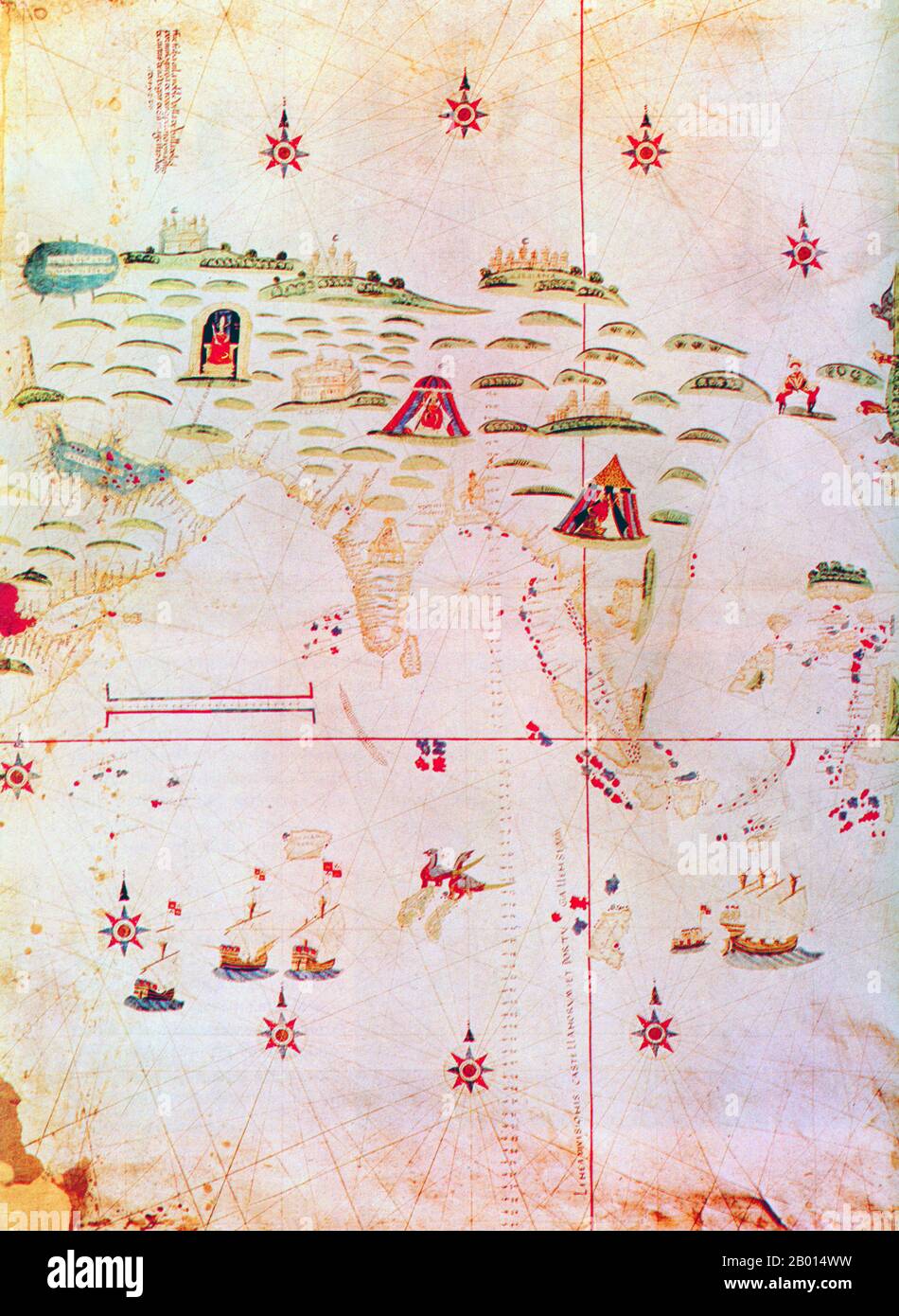 Spanien/Portugal/Asien: Eine Asien-Karte aus dem Jahr 1522, die einen ‘„Santemeridian“ zeigt, um die portugiesische Einflusssphäre (westlich der roten Linie) von den Spaniern abzugrenzen. Der Vertrag von Tordesillas im Jahr 1494, der vom in Spanien geborenen Papst Alexander VI. Geleitet wurde, teilte die Welt in zwei Hälften – in spanische und portugiesische Gebiete. Nach der Entdeckung der Gewürzinseln der Molukken durch Portugal im Jahr 1512 bestritt Spanien jedoch die Demarkationslinie. Das Problem wurde nie vollständig gelöst, aber der Vertrag von Zaragoza im Jahr 1529 versuchte, die Angelegenheit zu lösen. Stockfoto