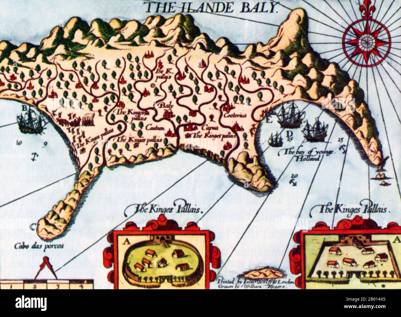 Niederlande/Indonesien: Die Insel Bali - eine englische Kopie der Karte des niederländischen Explorers Cornelis de Houtman von 1596-1597. Die Kästchen ‘A’ zeigen die Paläste des Königs an; B ist der Ort, an dem de Houtman den König traf; C ist das, was de Houtman das ‘Kap der Schweine’ nennt; D ist der Ort, an dem die niederländische Flotte ankerte; E wo sie an Land gingen. Cornelis de Houtman (2. April 1565 - 1. September 1599) war ein niederländischer Forscher, der eine neue Seeroute von Europa nach Indonesien entdeckte, die den holländischen Gewürzhandel ermöglichte. Zu dieser Zeit hatte das portugiesische Imperium ein Monopol auf den Gewürzhandel, und die Reise war ein symbolischer Sieg der Niederlande. Stockfoto