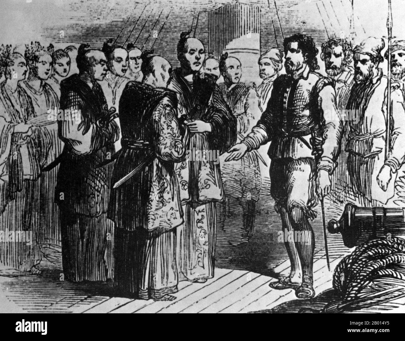 Japan/Großbritannien: Navigator William Adams (24. September 1564 - 16. Mai 1620), auf Japanisch als Miura Anjin bekannt und der erste Engländer, der Japan besucht, trifft Shogun Tokugawa Ieyasu im Jahr 1600. Stich von William Dalton (1821-1875), 1866. William Adams, der 1598 als Pilot für eine niederländische Flotte in Auftrag gegeben wurde, segelte über Kap Horn in Südamerika nach Ostindien [Indonesien], um Silber gegen Gewürze auf den Molukken zu tauschen oder Silber in Japan als sekundäre Option zu erhalten. Adams' Flotte, die durch Meuterei, Skorbut, Hunger und Mord schwer geplündert wurde, war stark geschwächt, als sie Kyushu im April 1600 erreichte. Stockfoto