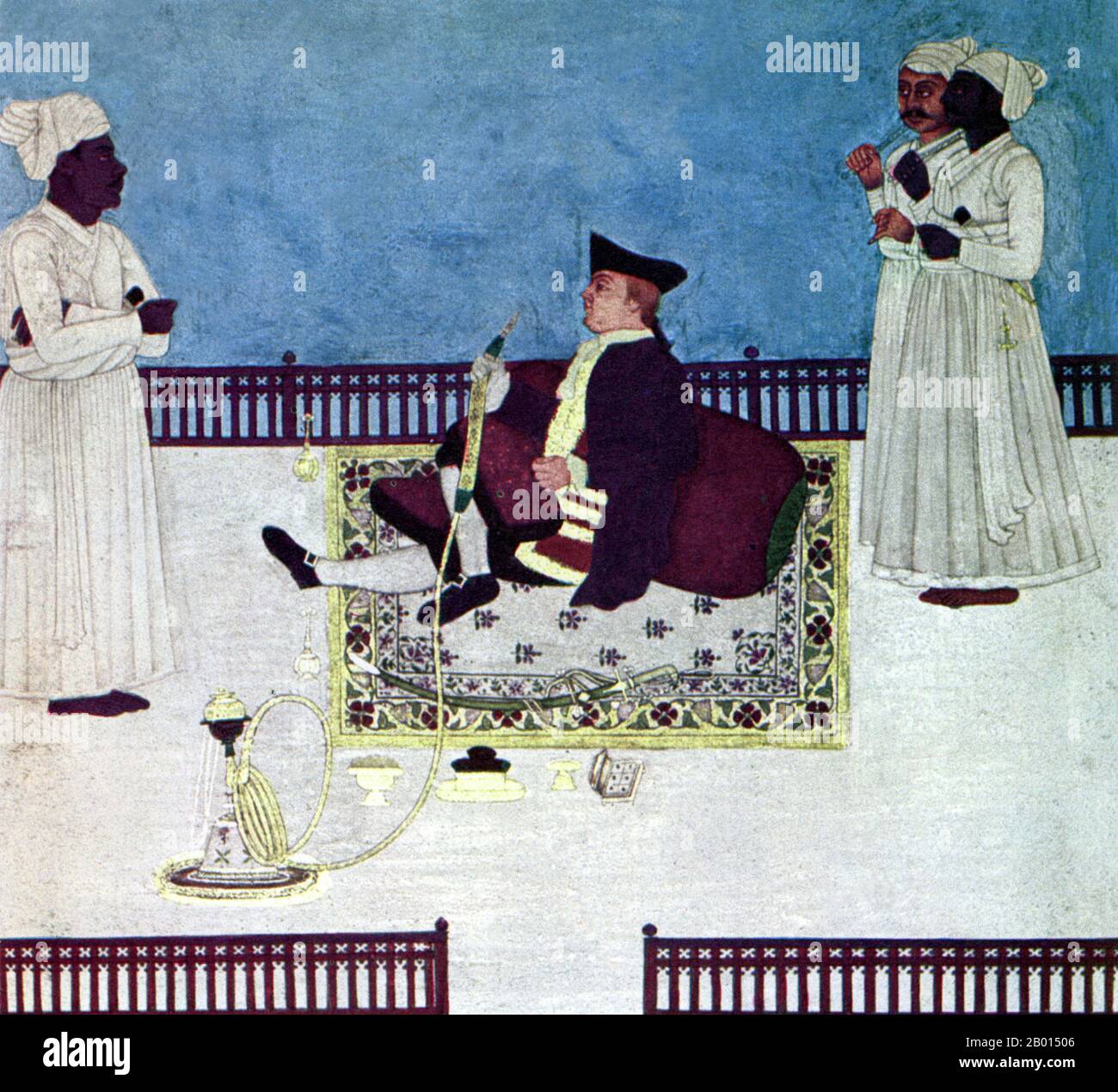 Indien: Ein englischer Beamter der British East India Company entspannt sich, indem er in Indien eine Shisha raucht. Aquarellmalerei von Dip Chand (fl. 18. Jahrhundert), c. 1760-1764. Kurz nach der Niederlage der spanischen Armada im Jahr 1588 überreichte eine Gruppe Londoner Kaufleute eine Petition an Königin Elisabeth I., um die Erlaubnis zum Indischen Ozean zu erhalten. Trotz der frühen Segelkatastrophen wurde die East India Company 1600 gegründet. Nach dem Unionsvertrag im Jahr 1707 wurde sie zur British East India Company. Es war eine Aktiengesellschaft, die ursprünglich für die Verfolgung des Handels mit den Ostindischen Inseln gegründet wurde. Stockfoto