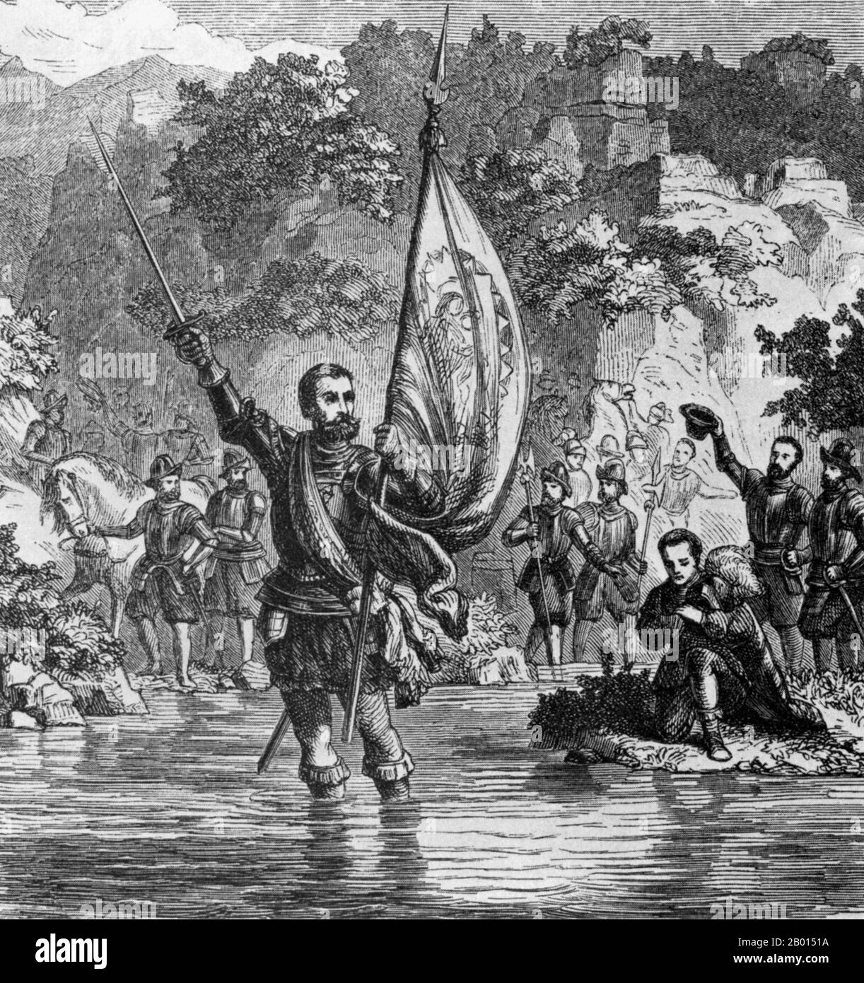 Panama: Vasco Núñez de Balboa (c. 1475-1519), der erste Europäer, der den Pazifischen Ozean sah, nachdem er 1513 den Isthmus von Panama überquert hatte. Holzschnitt-Illustration, c. 1888. Vasco Núñez de Balboa war ein spanischer Entdecker, Gouverneur und Eroberer. Er ist am besten dafür bekannt, dass er 1513 den Isthmus von Panama zum Pazifischen Ozean überquerte und damit der erste Europäer wurde, der eine Expedition führte, die den Pazifik von der Neuen Welt aus gesehen oder erreicht hat. Er reiste 1500 in die Neue Welt und ließ sich nach einigen Erkundungen auf der Insel Hispaniola (heute Dominikanische Republik und Haiti) nieder. Stockfoto
