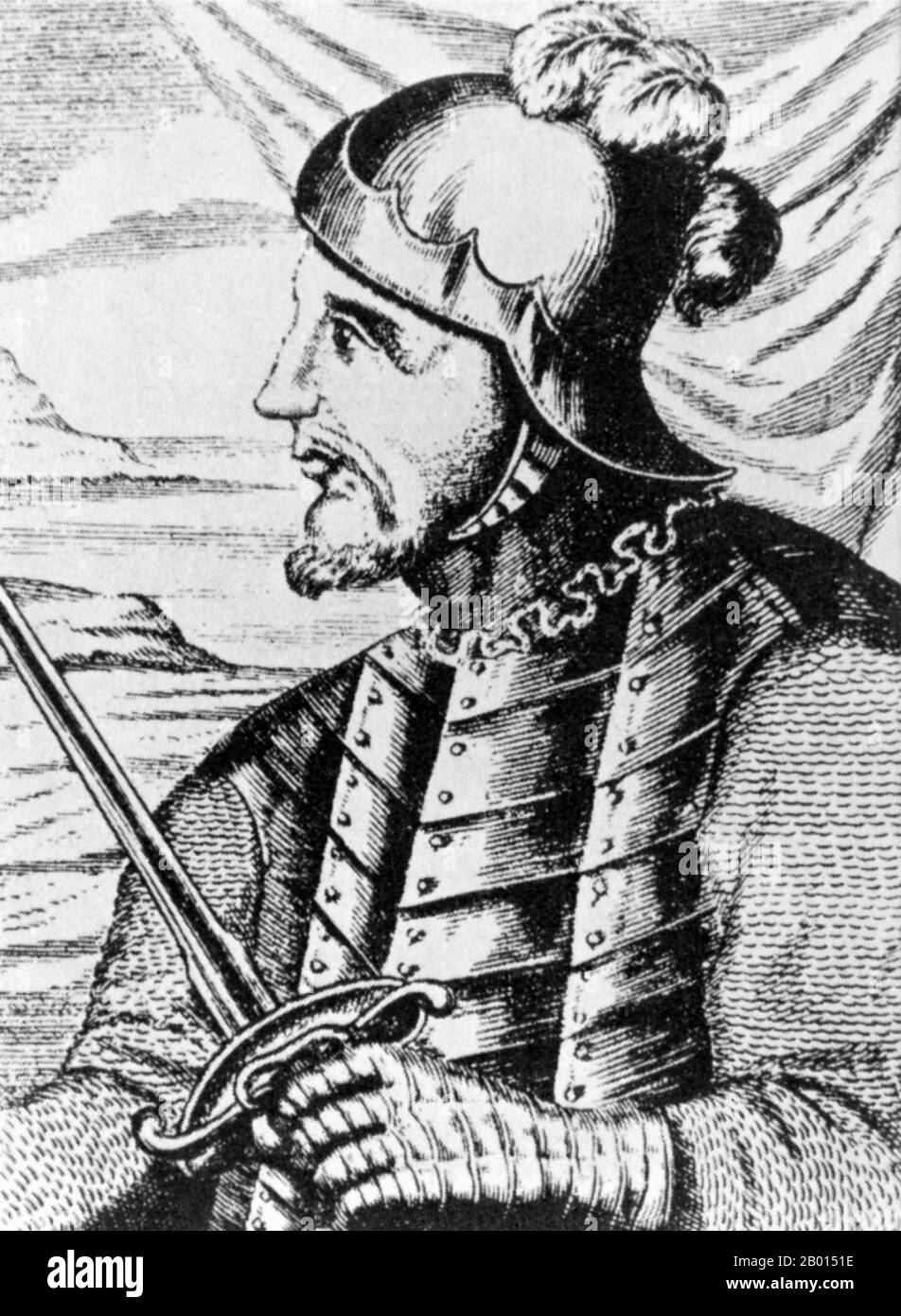 Panama/Spanien: Vasco Núñez de Balboa (1475-1519), der erste Europäer, der den Pazifischen Ozean sah, nachdem er 1513 den Isthmus von Panama überquert hatte. Gravur, c. 1886. Vasco Núñez de Balboa war ein spanischer Entdecker, Gouverneur und Eroberer. Er ist am besten dafür bekannt, dass er 1513 den Isthmus von Panama zum Pazifischen Ozean überquerte und damit der erste Europäer wurde, der eine Expedition führte, die den Pazifik von der Neuen Welt aus gesehen oder erreicht hat. Er reiste 1500 in die Neue Welt und ließ sich nach einigen Erkundungen auf der Insel Hispaniola (heute Dominikanische Republik und Haiti) nieder. Stockfoto
