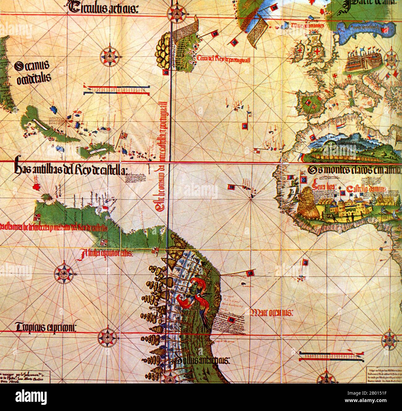 Spanien/Portugal: Alberto Cantino's (fl. Karte aus dem 15.-16. Jahrhundert) von 1502 zeigt die Meridianlinie im Atlantik, die spanisches Gebiet (westlich der Linie) von portugiesischen Besitzungen (Osten) abgrenzt. Unter der Aufsicht des in Spanien geborenen Papstes Alexander VI. Teilte der Vertrag von Tordesillas im Jahr 1494 die Welt in zwei Hälften - in spanische und portugiesische Gebiete. Nach dem Erfolg des portugiesischen Seefahrers Vasco da Gama bei der Entdeckung einer Seeroute um Afrika nach Indien im Jahr 1498 beauftragte König Manuel I. Pedro Alvares Cabral mit der Führung einer zweiten Reise von 13 Schiffen und 1,500 Mann nach Indien. Stockfoto