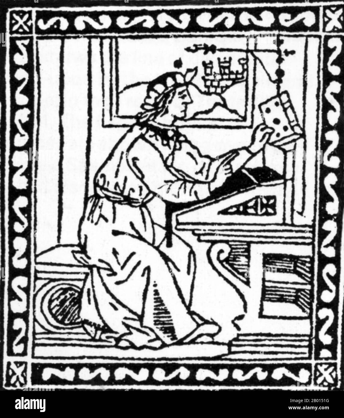 Spanien/Amerika: Der Italiener Amerigo Vespucci (9. März 1454 - 22. Februar 1512), Entdecker, Navigator und Kartograph. Holzschnitt-Illustration, c. 1505. Amerigo Vespucci war ein italienischer Entdecker, Navigator und Kartograph, geboren und aufgewachsen von seinem Onkel in der Republik Florenz, im heutigen Italien. Vespucci arbeitete für Lorenzo de Medici und seinen Sohn Giovanni. 1492 wurde er in die Filiale der Medici-Bank in Sevilla entsandt. Auf Einladung von König Manuel I. von Portugal nahm Vespucci als Beobachter an mehreren Reisen Teil, die von 1499 bis 1502 die Ostküste Südamerikas erkundeten Stockfoto