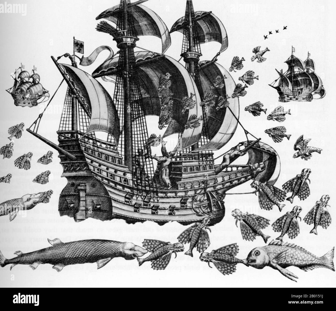 Portugal/Nord- und Südamerika: Die Besatzung an Bord der Victoria auf Magellans berühmter Reise in den Pazifik im Jahr 1520 meldete fliegende Fische. Das hat zumindest die lebhafte Phantasie eines europäischen Künstlers geweckt. Holzschnitt von Johann Theodor de Bry (1561-1623), 1594. Ferdinand Magellan oder Fernão de Magalhães, (c. 1480–1521) war ein portugiesischer Entdecker. Er wurde in Sabrosa, im Norden Portugals, geboren, erhielt aber später die spanische Staatsbürgerschaft, um König Karl I. von Spanien auf der Suche nach einer westwärts gerichteten Route zu den ‘Gewürzinseln’ (modernen Maluku-Inseln in Indonesien) zu dienen. Stockfoto