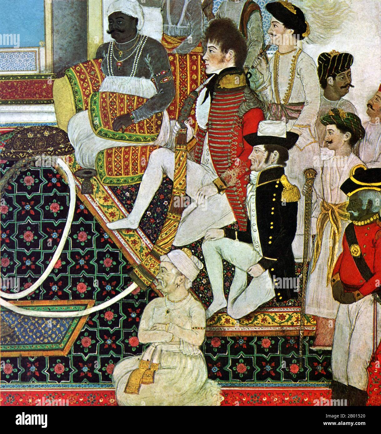 Indien: 'Prinz Mahadaji Sindhia Etertaining zwei britische Offiziere mit einem Nautch'. Gouache auf Papiermalerei, c. 1820. Kurz nach der Niederlage der spanischen Armada im Jahr 1588 reichte eine Gruppe Londoner Kaufleute eine Petition an Königin Elisabeth I. ein, um die Erlaubnis zum Indischen Ozean zu erhalten. Trotz der frühen Segelkatastrophen wurde die East India Company 1600 gegründet. Nach dem Unionsvertrag im Jahr 1707 wurde sie zur British East India Company. Es handelte sich um eine Aktiengesellschaft, die ursprünglich gegründet wurde, um den Handel mit den ostindischen Inseln zu verfolgen, aber letztendlich hauptsächlich mit dem indischen Subkontinent gehandelt wurde. Stockfoto