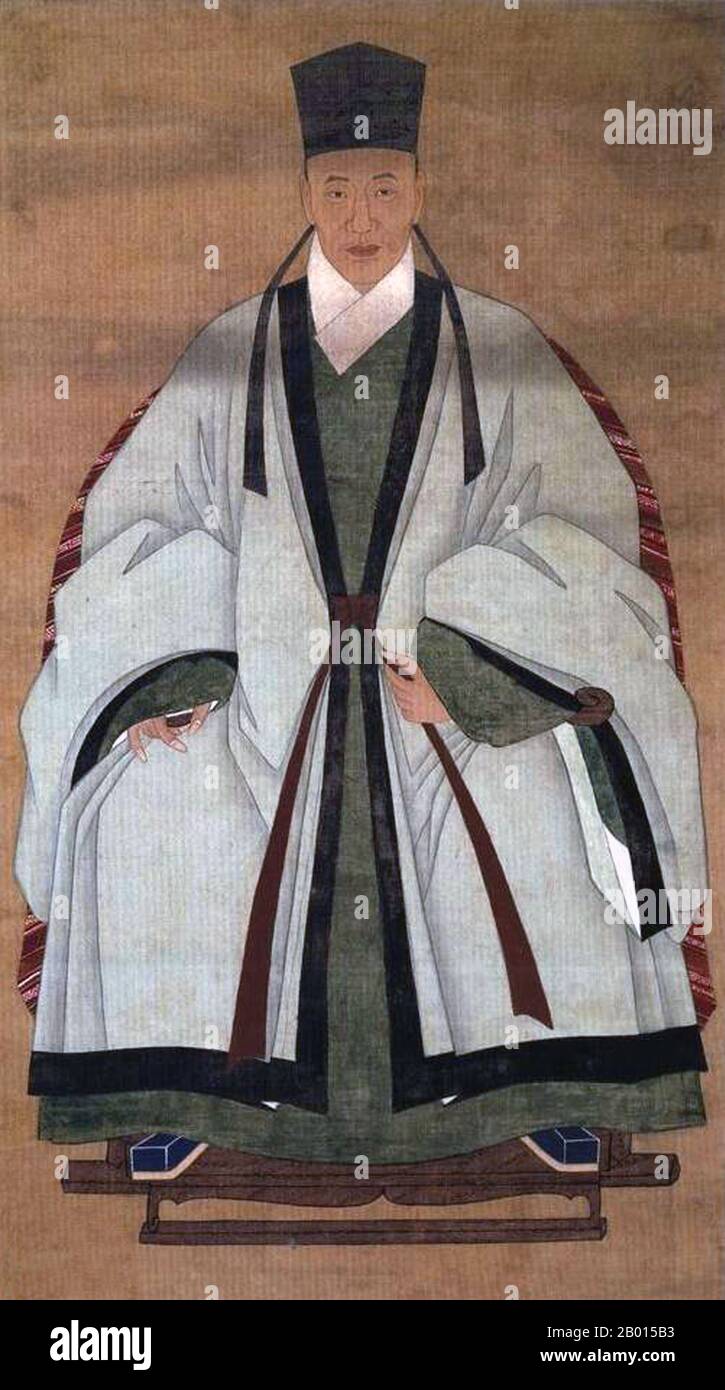 China: Porträt einer unbekannten Mandarine, Ming-Dynastie (1368-1644). Ein unbekannter hochrangiger Beamter, wahrscheinlich Mandarine des königlichen Hofes, trägt Hanfu oder chinesische Kleidung aus der Ming-Ära, gemalt von einem unbekannten Hofmaler. Stockfoto