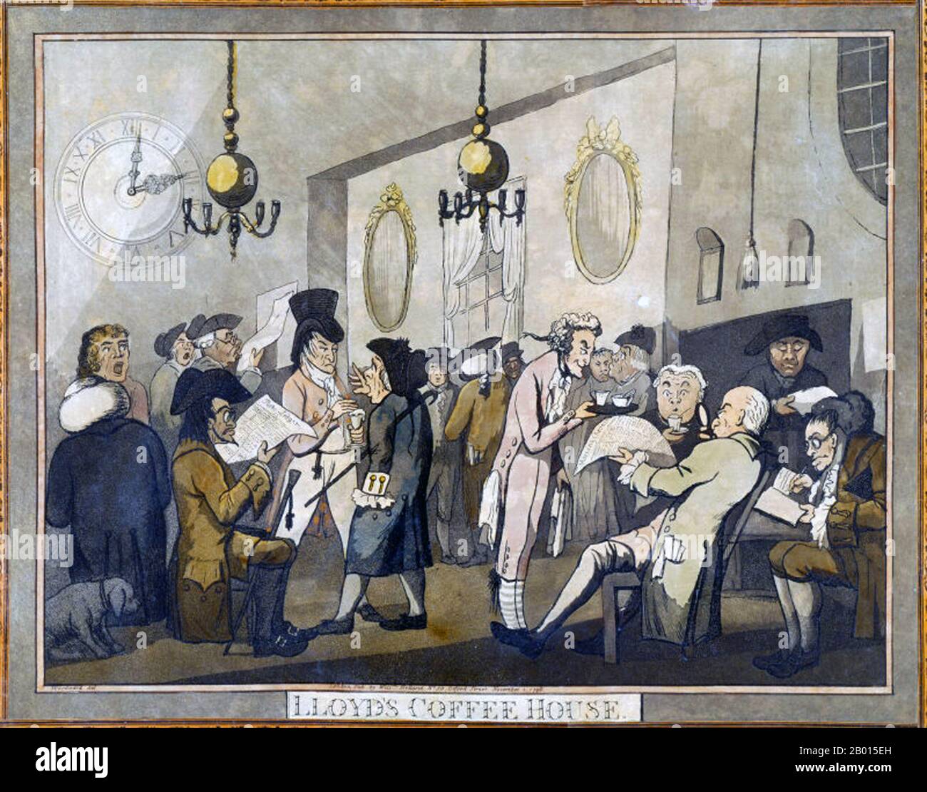 England: Lloyd's Coffee House in der City of London. Gemälde von William Holland (fl. 1782-1817), 1789. Edward Lloyd (c. 1648. Bis 15. Februar 1713) Betrieb das Lloyd's Coffee House in der Lombard Street in der City of London, das zu einem Treffpunkt für Händler und Reeder wurde. Aus der Angewohnheit ihrer Mitglieder, sich dort zu treffen, brachte Lloyd's Coffee House Lloyd's of London, Lloyd's Register und Lloyd's List, aber nicht Lloyds Bank. Stockfoto