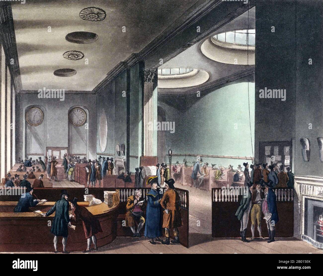 Vereinigtes Königreich: Lloyd's Subscription Room, Royal Exchange, London. Aquatinta Zeichnung von Thomas Rowlandson (1756-1827), c. 1800. Edward Lloyd, der Gründer von Lloyd's Coffee House, starb 1712. Anschließend wurde das Kaffeehaus in die Pope's Head Alley verlegt, wo es New Lloyd's Coffee House hieß, Aber am 14. September 1784 wurde es in die nordwestliche Ecke der Royal Exchange entfernt, wo es als Büro der Underwriters in Lloyds Maritime Insurance diente und weiterhin Kaffee servierte. Stockfoto