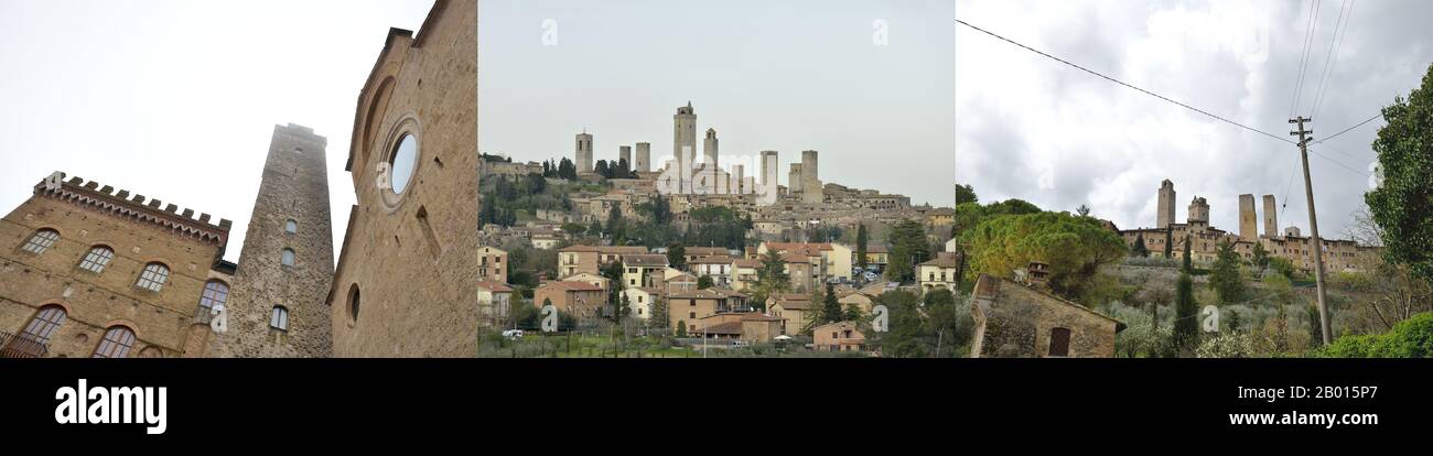 San Gimignano (Bilder von der Stadt Triptychon), UNESCO-Weltkulturerbe - Toskana, Italien, Europa Stockfoto