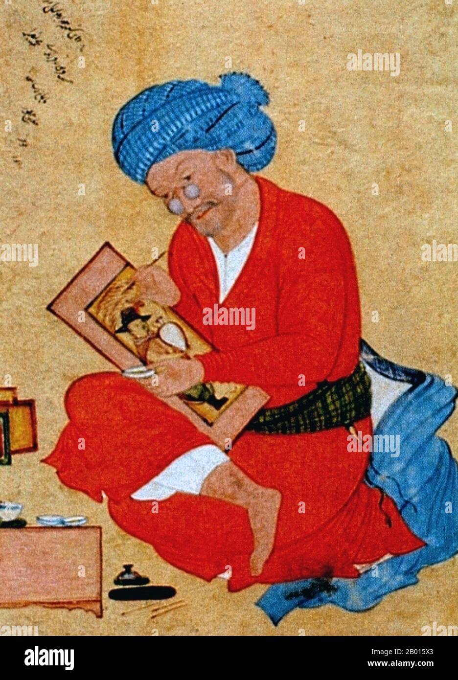 Iran: Porträt des persischen Miniaturisten Riza Abbasi (um 1565-1635) von seinem Schüler Mu'in, 1673. Riza Abbasi, Riza yi-Abbasi oder Reza-e Abbasi, auch AQA Riza oder Āqā Riżā Kāshānī (c. 1565–1635) war der führende persische Miniaturist der Isfahan-Schule während der späteren Safavid-Zeit und verbrachte den Großteil seiner Karriere bei Shah Abbas I. (r.1587-1629). Er gilt als der letzte große Meister der persischen Miniatur, am besten bekannt für seine einzelnen Miniaturen für muraqqa oder Alben, vor allem Einzelfiguren schöner Jünglinge. Stockfoto