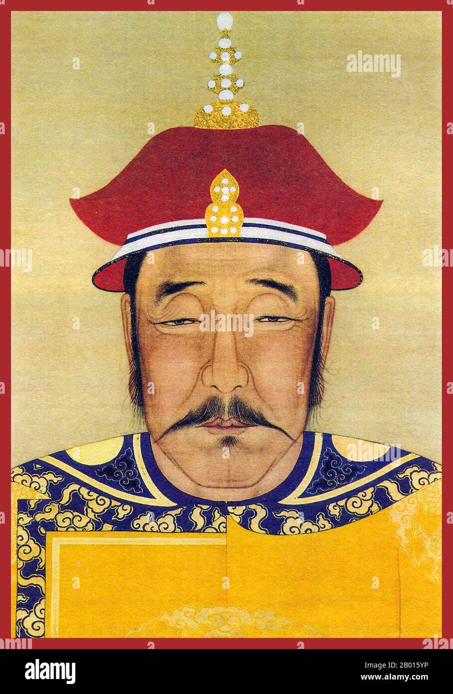 China: Nurhaci (21. Februar 1559 – 30. September 1626), 1. Khan der späteren Jin-Dynastie. Hängende Schriftrolle Malerei, 17. Jahrhundert. Nurhaci/Nurhachi, Tempelname Taizu, war ein wichtiger Jurchen-Häuptling, der im späten 16. Jahrhundert im heutigen Nordostchina zu Ansehen kam. Nurhaci gehörte zum Aisin Gioro Clan und war der gründungskhan der späteren Jin Dynastie, die von 1616 bis 1626 regierte. Nurhaci organisierte und vereinigte verschiedene Jurchen-Stämme, konsolidierte das Achtbanner-Militärsystem und startete schließlich einen Angriff auf die chinesische Ming-Dynastie und die koreanische Joseon-Dynastie. Stockfoto