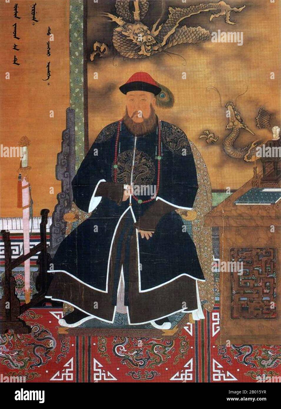 China: Dorgon (17. November 1612 – 31. Dezember 1650), auch bekannt als Prinz Rui, einer der einflussreichsten Mandschu-Fürsten in der frühen Qing-Dynastie. Hängende Schriftrolle Malerei, 17. Jahrhundert. Dorgon wurde in Yenden, Mandschurei (heute Xinbin, Provinz Liaoning), China, geboren. Er war der vierzehnte Sohn des Manchu-Anführers Nurhaci und Halbbruder von Kaiser Hong Taiji. Dorgon wurde einer der mächtigsten Prinzen und trug 1644 maßgeblich dazu bei, Mandschu-Truppen nach Peking zu bringen. Während der Regierungszeit von Hong Taiji nahm er an vielen militärischen Kampagnen Teil, einschließlich der Eroberungen der Mongolen und Koreas. Stockfoto