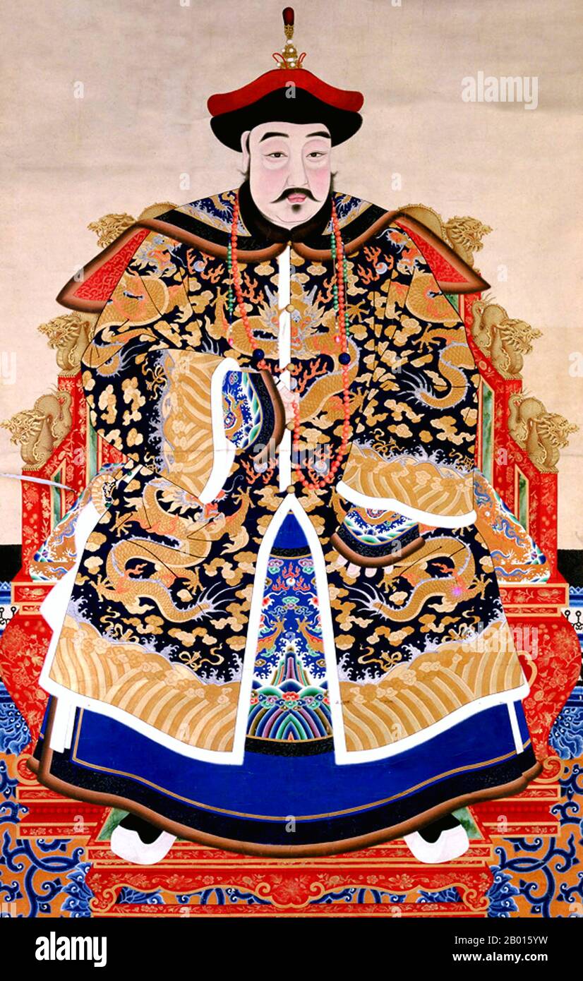 China: Dodo (2. April 1614 - 29. April 1649) Mandschu Prinz und General der Qing Dynastie. Hängende Schriftrolle Malerei, 17. Jahrhundert. Dodo, formell als Prinz Yu bekannt, war der fünfzehnte Sohn von Nurhaci und einer von Dorgons zwei Vollbrüdern. Er zeichnete sich in der Eroberung Chinas neben Dorgon aus. Dodo ist auch etwas berüchtigt wegen seiner Sanktionierung des Massakers von Yangzhou, einem schrecklichen Blutbad, bei dem angeblich 800,000 Männer, Frauen und Kinder von mandschurischen Soldaten getötet wurden. Dieses Massaker begann, als Dodo seine Männer ermächtigte, fünf Tage Zeit zu haben, um alles zu tun, was sie sich wünschten Stockfoto