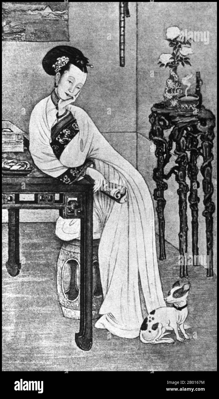 China: Kaiserin Dowager Cixi (29. November 1835 - 15. November 1908), als sie die Edle Gemahlin Yi war. Malerei, c. 1857. Kaiserin Dowager Cixi, persönlicher Name Xingzhen, war die Konkubine des Imperators Xianfeng. Vom Mandschu-Yehe-Nara-Clan war sie eine starke und charismatische Figur, die von 1861 bis 1908 47 Jahre lang de facto die Herrscherin der Qing-Dynastie wurde. Ihr Sohn wurde der Tongzhi-Kaiser, und sie regierte an seiner Stelle als Regentin neben Kaiserin Dowager Ci'an. Sie konsolidierte ihre Kontrolle, indem sie ihren Neffen nach dem Tod ihres Sohnes als Kaiser Guangxu einsetzte. Ihr Vermächtnis wird heftig diskutiert. Stockfoto