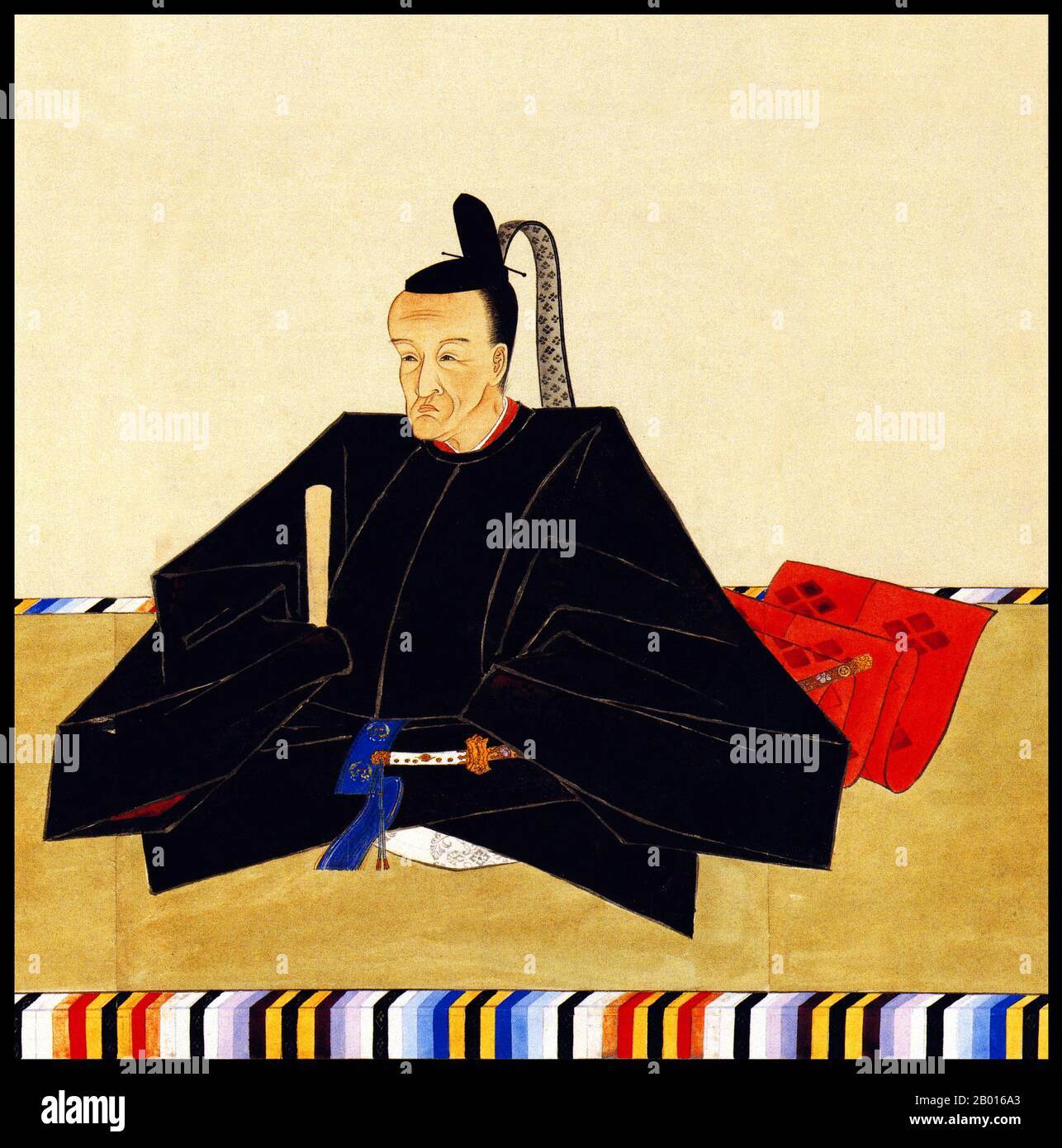Japan: Tokugawa Ieyoshi (22. Juni 1793 - 27. Juli 1853), Zwölfter Herrscher des Tokugawa Shogunate (r. 1837-1853). Hängende Schriftrolle Malerei, 19. Jahrhundert. Tokugawa Ieyoshi, geboren in Tejiro, war der 12. Shogun des Tokugawa-Shogunats und der zweite Sohn des Shogun Tokugawa Ienari. Er wurde Shogun, nachdem sich sein Vater in den Ruhestand verabschiedet hatte, um „Ogosho“ („übermüdete Shogun“) zu werden, und würde erst 1841 wirklich regieren. Dann säuberte er die gesamte Clique seines Vaters und führte die Tenpo-Reformen durch, die für Adlige und Bürger gleichermaßen sehr unbeliebt waren. Im Jahr 1853 zwangen die USA Japan, sich mit Waffenbooten-Diplomatie für den Handel zu öffnen. Stockfoto