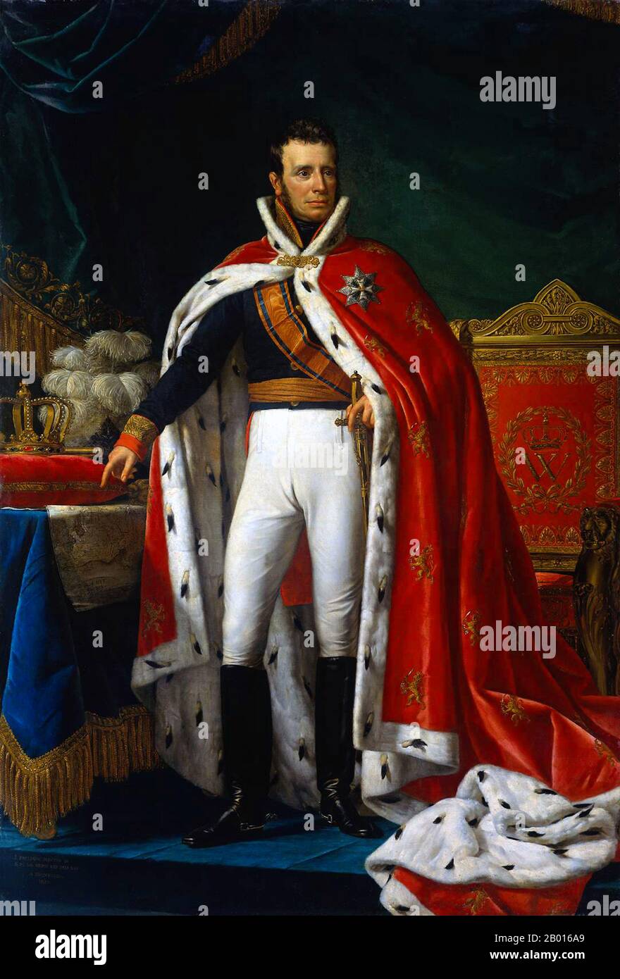 Niederlande: Wilhelm I. (24. August 1772 - 12. Dezember 1843), König der Niederlande (r. 1815-1840). Öl auf Leinwand, Gemälde von Joseph Paelinck (1781-1839), 1819. Wilhelm I. war der Prinz von Oranien, der Großherzog von Luxemburg und der König der Niederlande. Als Sohn des letzten Stadtholder der Niederländischen Republik wurde er nach einem Abkommen mit Napoleon 1803 Herrscher des Fürstentums Nassau-Oranien-Fulda, der ihn 1806 absetzte. Nach der Niederlage Napoleons im Jahr 1813 wurde er zum souveränen Prinzen der Vereinigten Niederlande ernannt und wurde 1815 zum König ernannt. Stockfoto