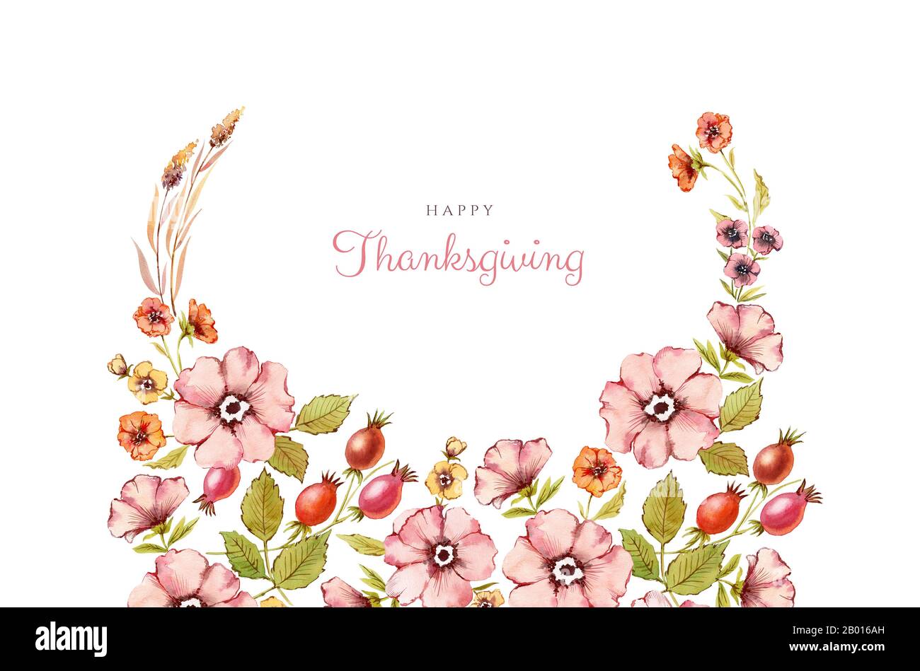 Wasserfarben-Banner Happy Thanksgiving. Floraler Kranzbogen mit Rosenhüfte, Brauen, Blättern. Handbemalte isolierte Illustration auf weißem Hintergrund Stockfoto