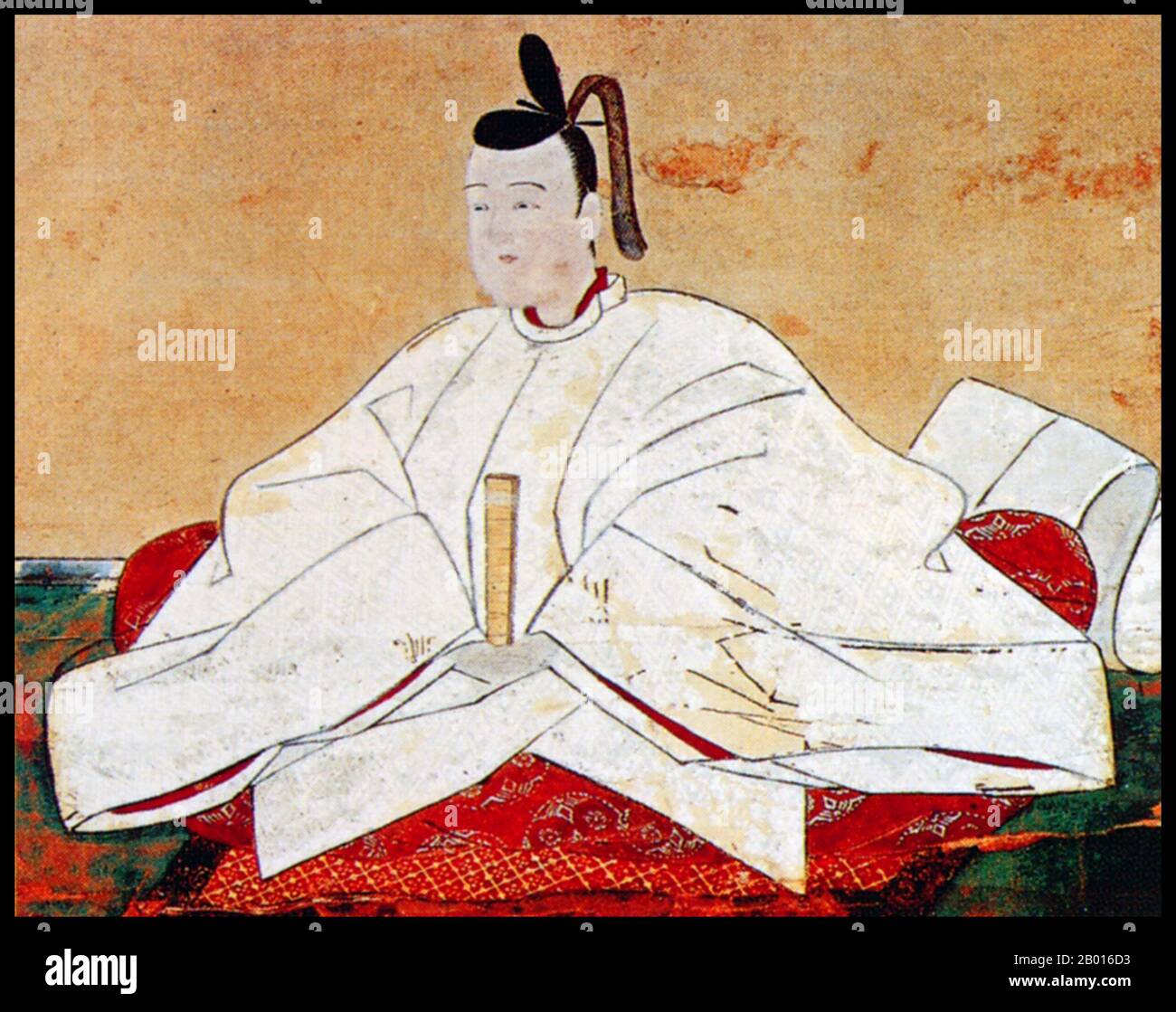 Japan: Toyotomi Hideyori (8. September 1593 - 5. Juni 1615), Sohn und Nachfolger von Toyotomi Hideyoshi. Hängende Schriftrolle Malerei, 17. Jahrhundert. Toyotomi Hideyori war der Sohn und designierte Nachfolger von Toyotomi Hideyoshi, dem General, der zuerst ganz Japan Vereinigte. Seine Mutter, Yodo-dono, war die Nichte von Oda Nobunaga. Als Hideyoshi 1598 starb, begannen die Regenten, die er an Hideyoris Stelle regieren ließ, untereinander um die Macht zu joketieren. Tokugawa Ieyasu übernahm 1600 die Kontrolle, und Tokugawa-Truppen griffen Hideyori bei der Belagerung von Osaka an. Hideyori und seine Mutter begingen Seppuku. Stockfoto