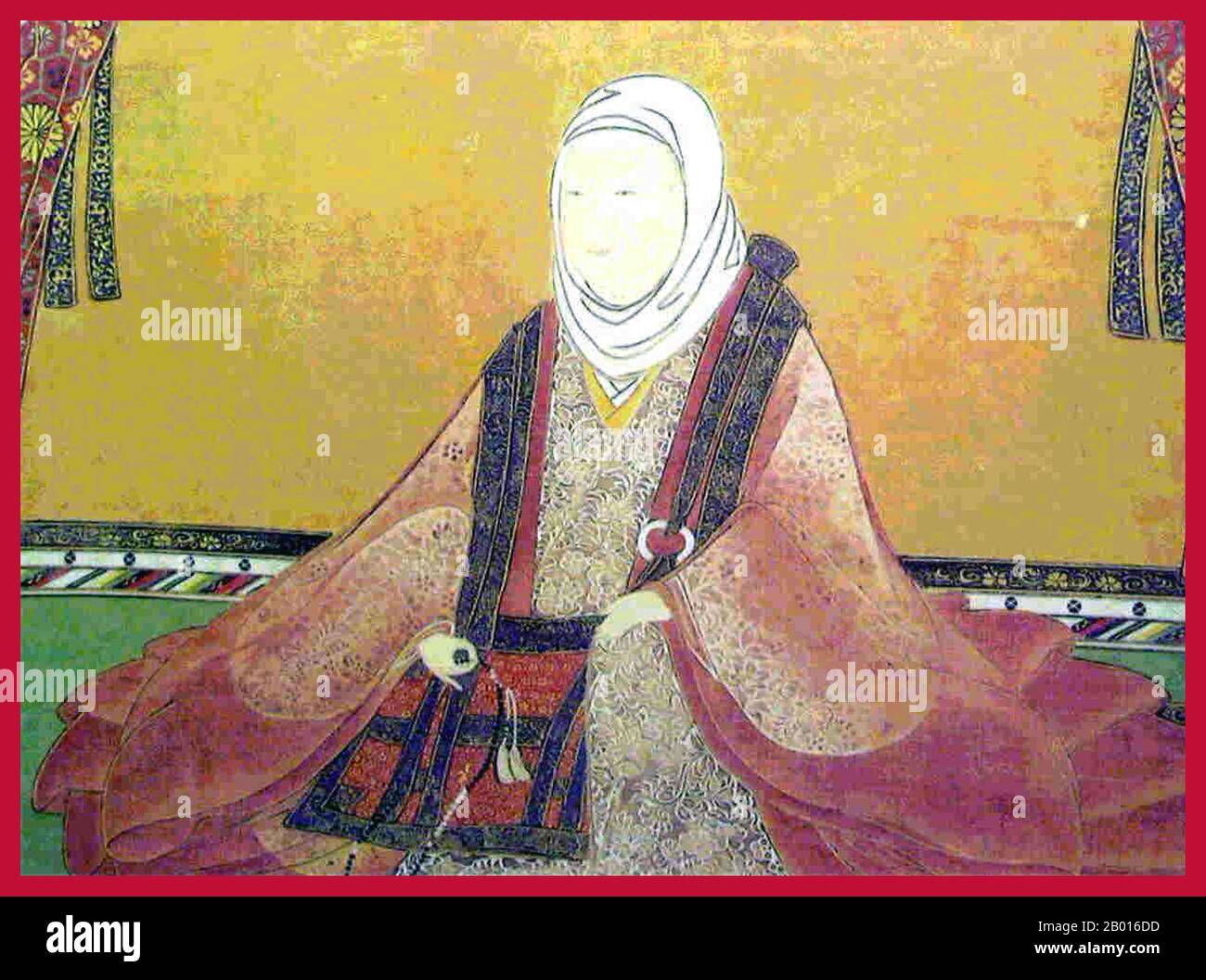 Japan: Lady Ohatsu (1570. - 30. September 1633), Ehefrau von Kyogoku Takatsugu. Hängende Schriftrolle Malerei, 17. Jahrhundert. Ohatsu oder Ohatsu-no-Kata war eine prominent platzierte Figur in der späten Sengoku-Periode. 1587 heiratete sie Kyōgoku Takatsugu, einen Daimyo in der Provinz Omi, und hielt die Burg Ōtsu für den Stamm der Toyotomi. Nach dem Tod ihres Mannes im Jahr 1609 blieb Ohatsu über die politischen Intrigen ihrer Zeit auf dem Laufenden. Ohatsu's enge Familienbeziehungen zum Toyotomi-Clan und zum Tokugawa-Clan haben sie einzigartig positioniert, um als Mittlerin zwischen den Rivalen zu dienen, bis 1615, als die Toyotomi ausgelöscht wurden. Stockfoto