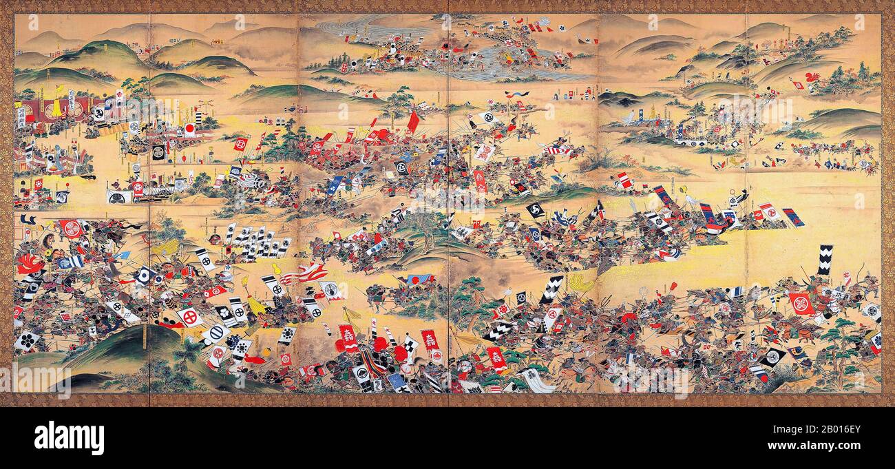 Japan: 'Sekigahara Kassen Byobu'. Faltbare Siebmalerei, 19. Jahrhundert. Die Schlacht von Sekigahara, im Volksmund als Tenka Wakeme no Tatakai oder "die Schlacht um das versackte Reich" bekannt, war eine entscheidende Schlacht am 21. Oktober 1600, die den Weg zum Shogunat für Tokugawa Ieyasu freimachte. Obwohl es noch drei Jahre dauern würde, bis Ieyasu seine Machtposition über den Toyotomi-Clan und die Daimyo festigt, gilt Sekigahara weithin als der inoffizielle Beginn des Tokugawa bakufu, dem letzten Shogunat, das Japan kontrolliert. Stockfoto