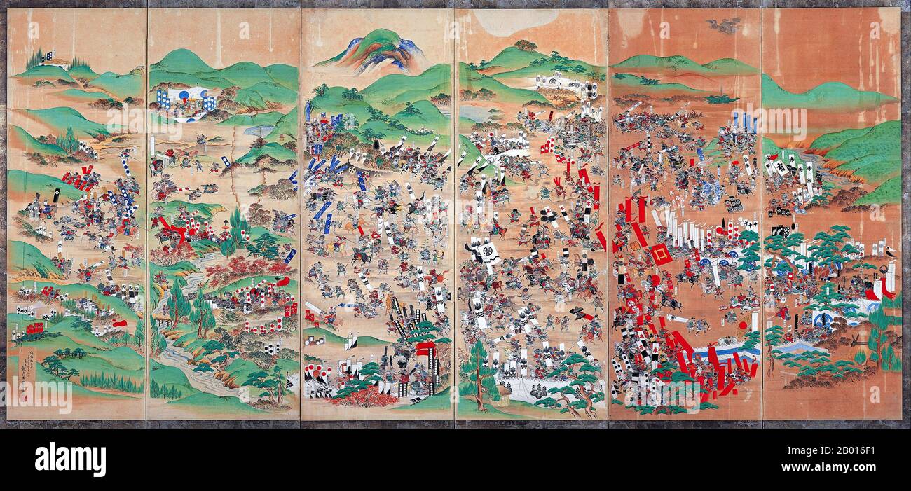 Japan: 'Sekigahara Kassen Byobu'. Nachbildung eines Klappbildschirms von Sadanobu Kano (22. Mai 1597 - 12. November 1623), 1854. Die Schlacht von Sekigahara, im Volksmund als Tenka Wakeme no Tatakai oder "die Schlacht um das versackte Reich" bekannt, war eine entscheidende Schlacht am 21. Oktober 1600, die den Weg zum Shogunat für Tokugawa Ieyasu freimachte. Obwohl es noch drei Jahre dauern würde, bis Ieyasu seine Machtposition über den Toyotomi-Clan und die Daimyo festigt, gilt Sekigahara weithin als der inoffizielle Beginn des Tokugawa bakufu, dem letzten Shogunat, das Japan kontrolliert. Stockfoto