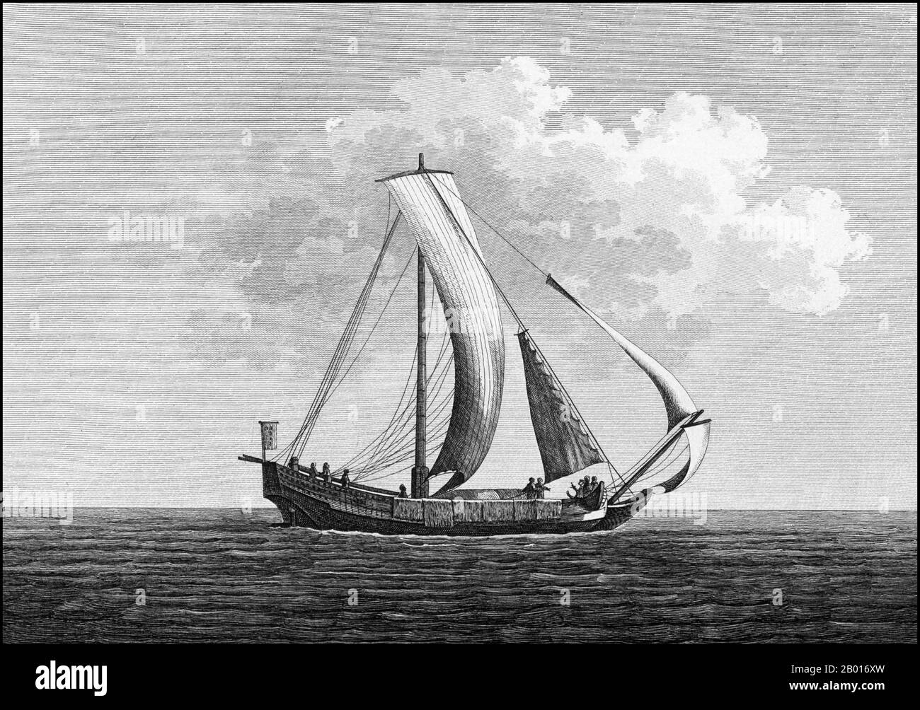 Japan: Ein japanisches Boot unter Segel. Stich aus dem 'Atlas du Voyage de La Pérouse' von Francois Michel Blondla (1761-1788), 1792. Jean-François de Galaup, Comte de La Pérouse (1741-1788) war ein französischer Entdecker und Marineoffizier. Im Jahr 1785 beauftragte der König von Frankreich La Perouse mit der Leitung einer Expedition zur Erkundung des Pazifischen Ozeans, zur Untersuchung von Walfang- und Pelzperspektiven und zur Feststellung französischer Ansprüche in diesem Gebiet. La Pérouse hatte den Entdecker James Cook bewundert und wollte seine Arbeit fortsetzen. La Perouse erhielt zwei 500-Tonnen-Schiffe, die Astrolabe und die Boussole genannt wurden. Stockfoto